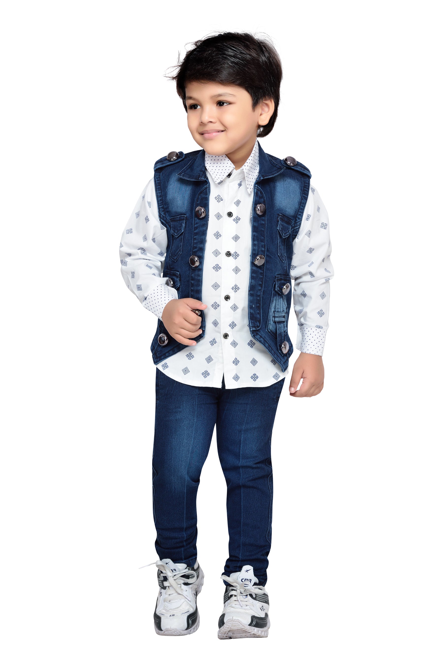 Boys Cotton Shirt with Denim Jeans & Waistcoat Set for Kids - AJ Dezines