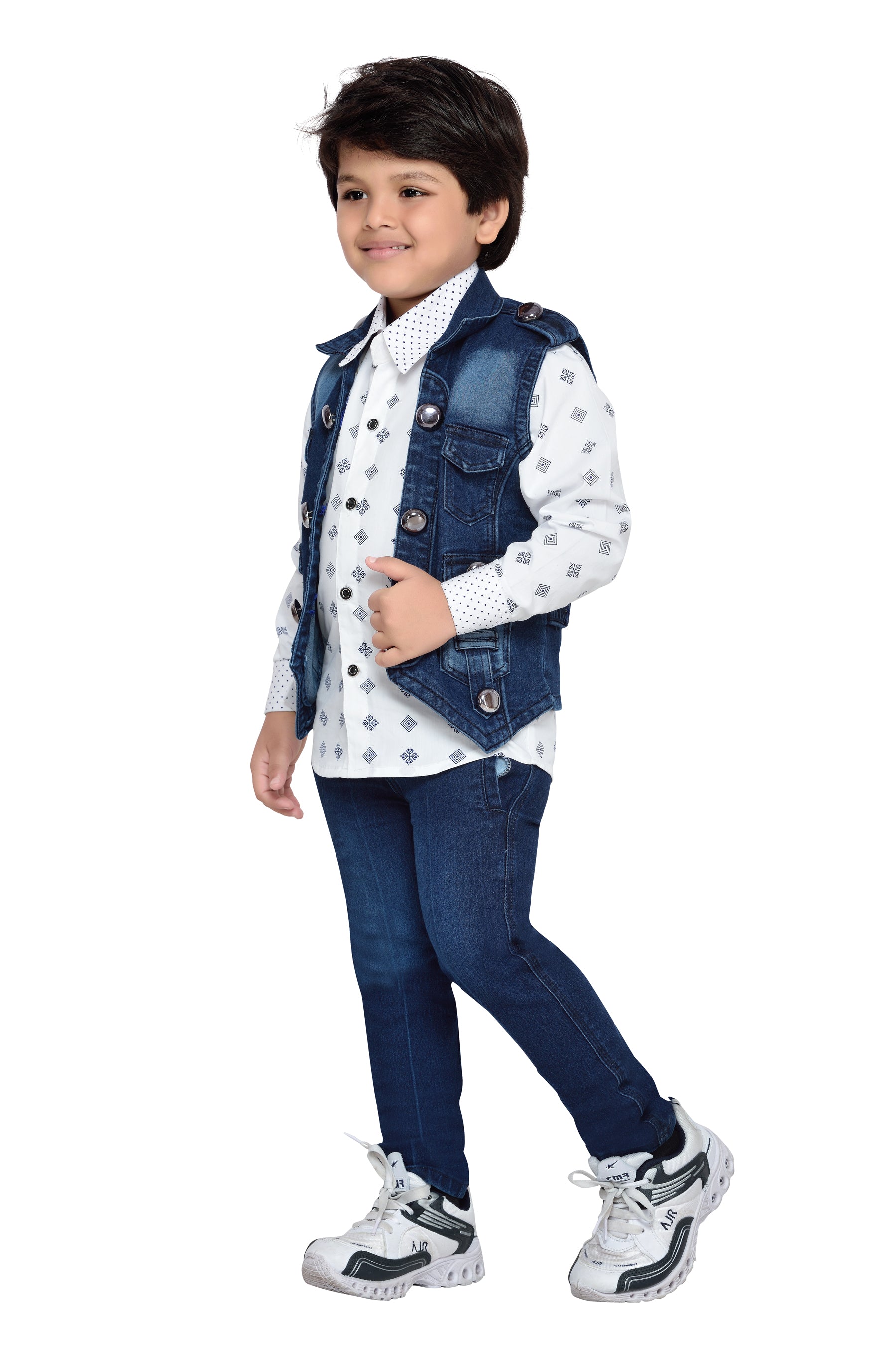 Boys Cotton Shirt with Denim Jeans & Waistcoat Set for Kids - AJ Dezines