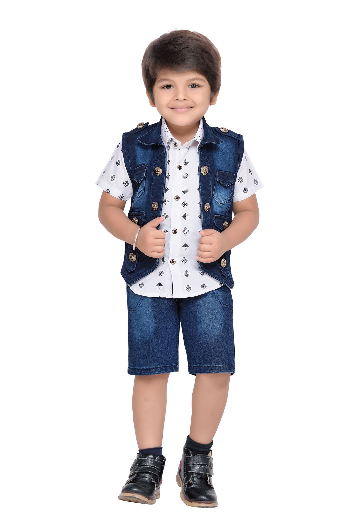 Boys Blue Printed Cotton Blend Shirt Pant & Waistcoat Set for Kids - AJ Dezines