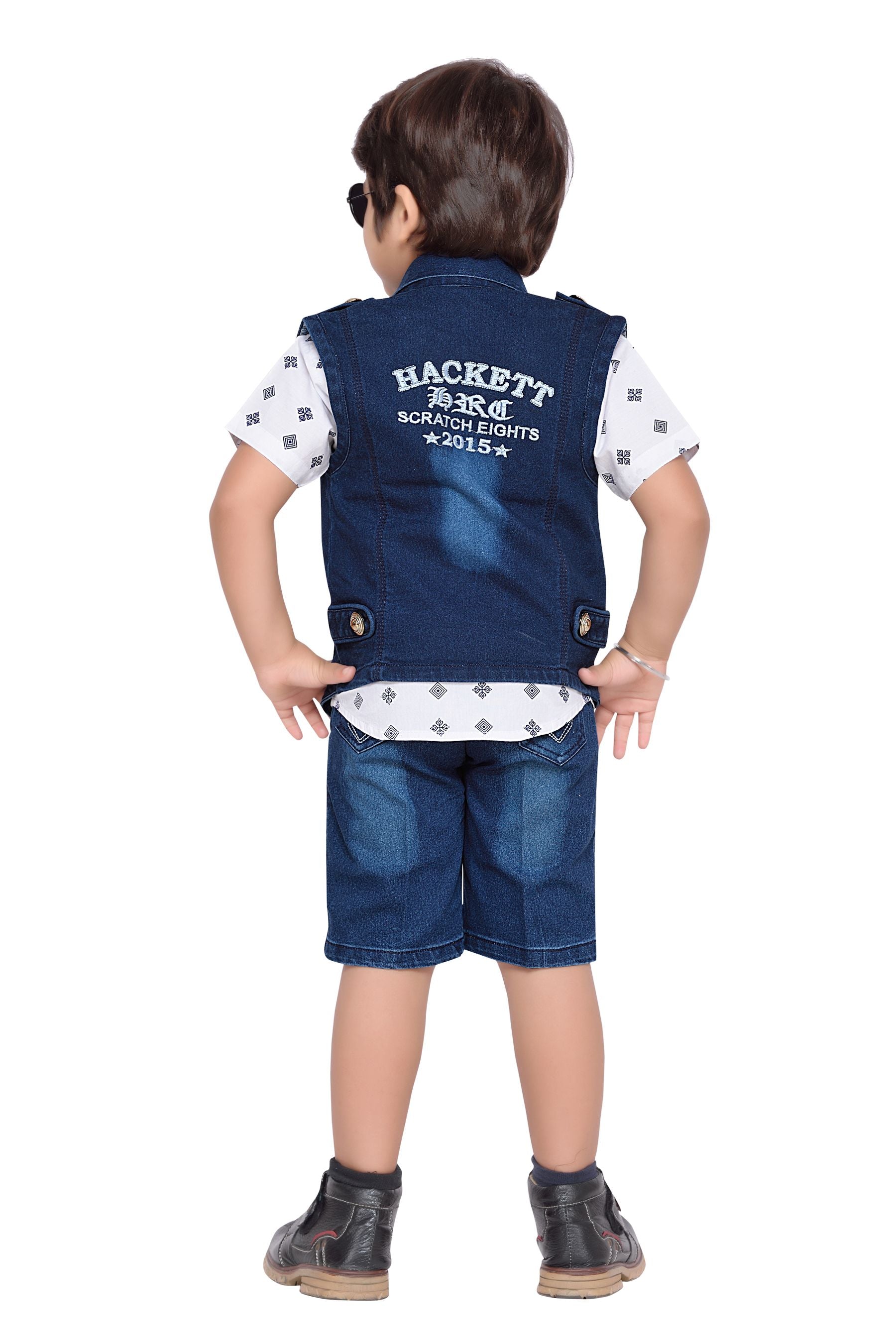 Boys Blue Printed Cotton Blend Shirt Pant & Waistcoat Set for Kids - AJ Dezines