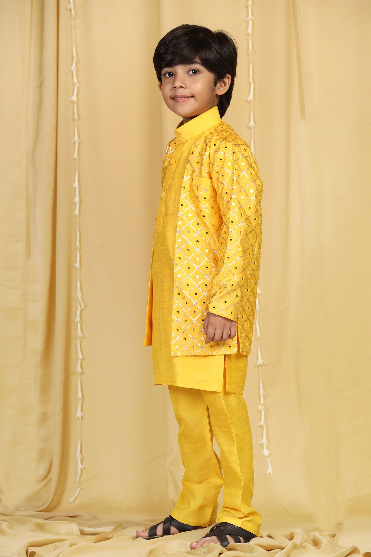 Boys Mustard Yellow Embroidered Mukaish Sherwani