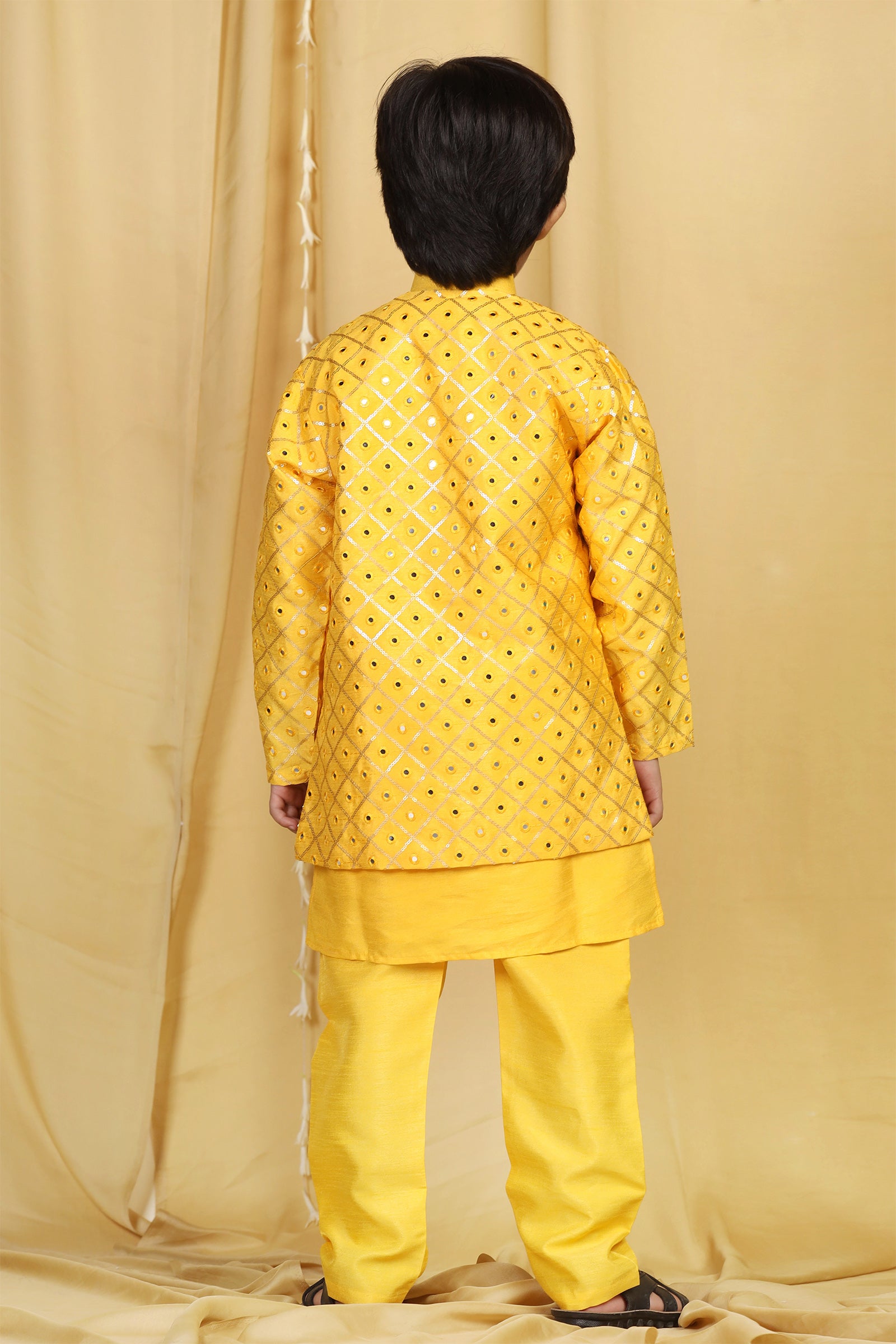 Boys Mustard Solid Silk Sherwani for Kids