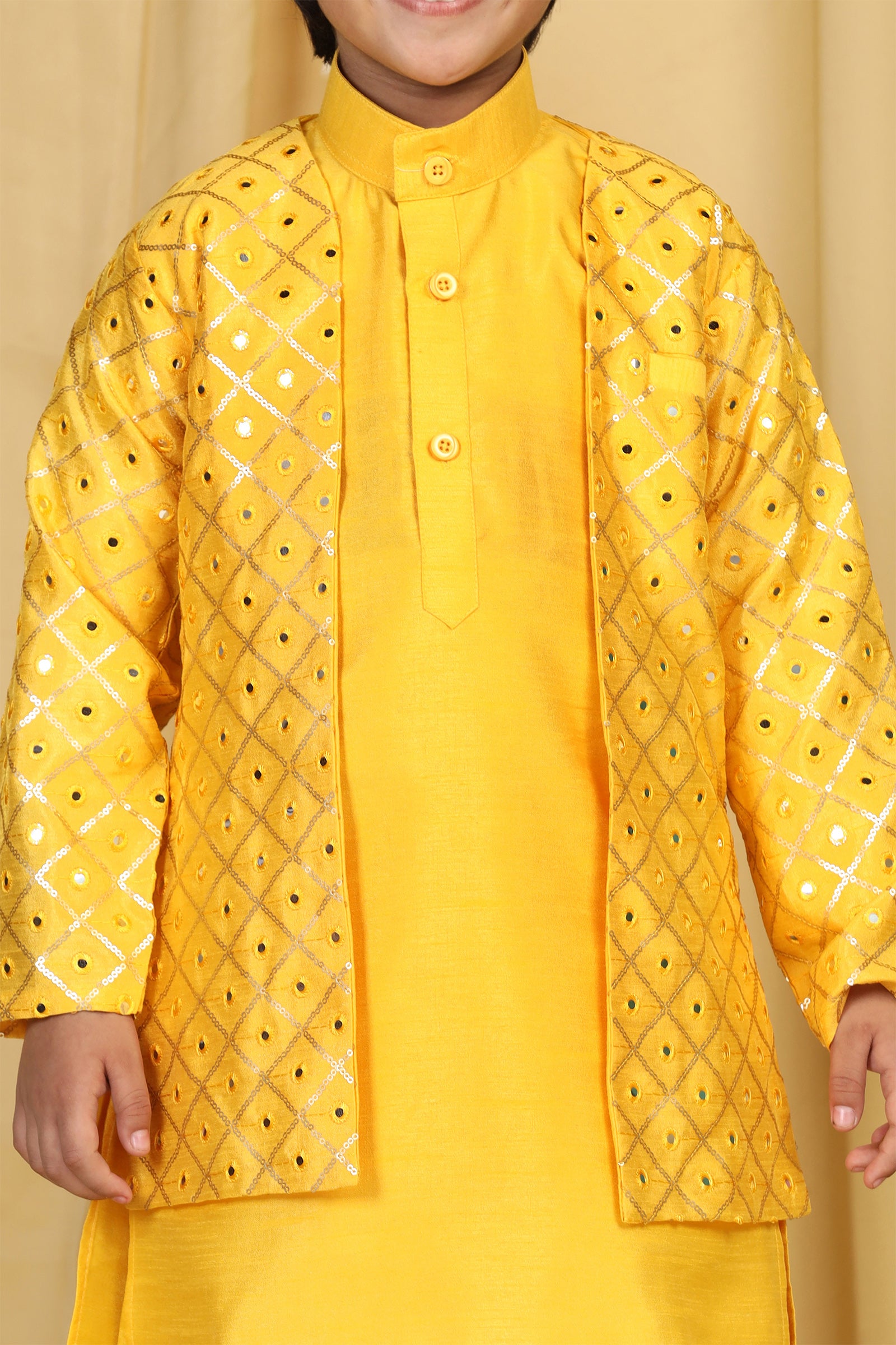 Boys Mustard Solid Silk Sherwani for Kids
