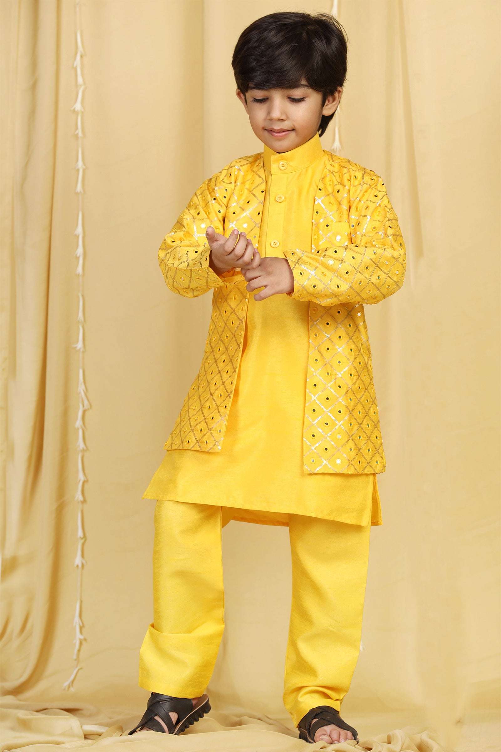 Boys Mustard Solid Silk Sherwani for Kids