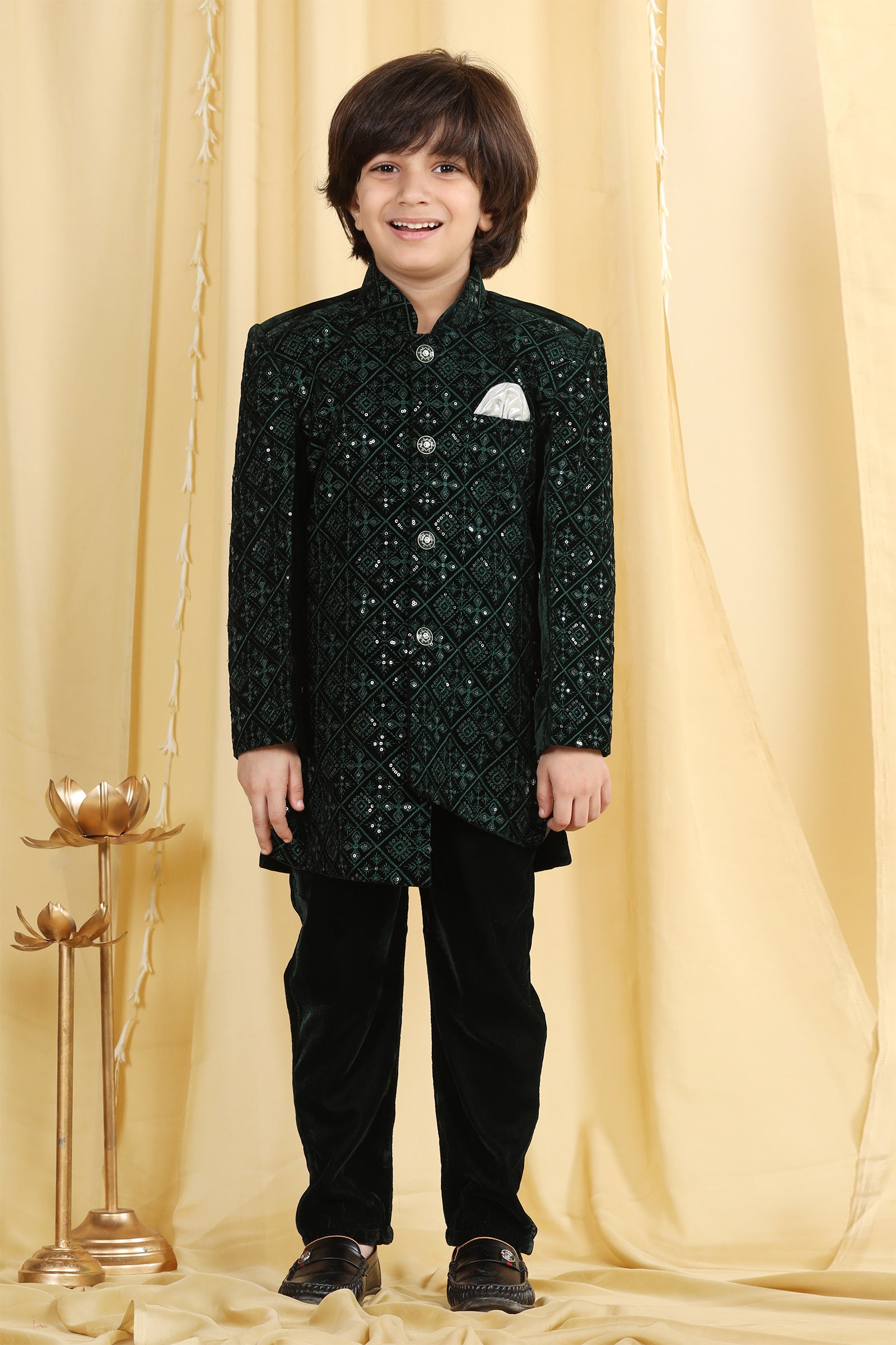 Boys Green Embroidered Velvet Sherwani for Kids
