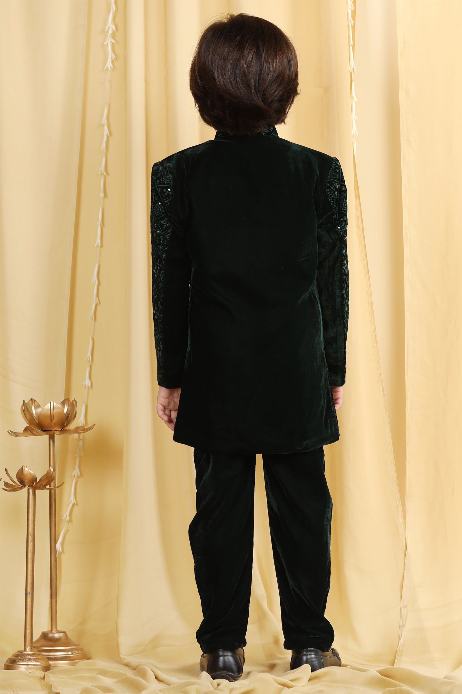 Boys Green Embroidered Velvet Sherwani for Kids