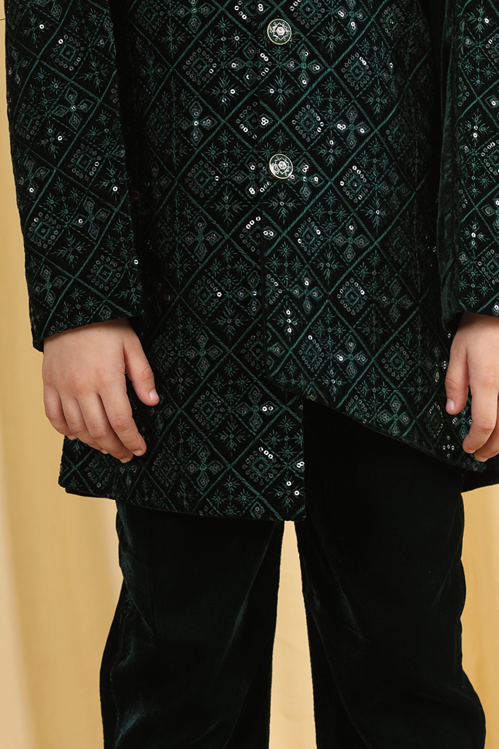 Boys Green Embroidered Velvet Sherwani for Kids