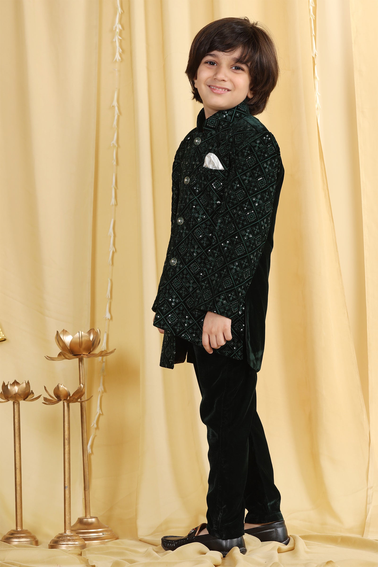 Boys Green Embroidered Velvet Sherwani for Kids