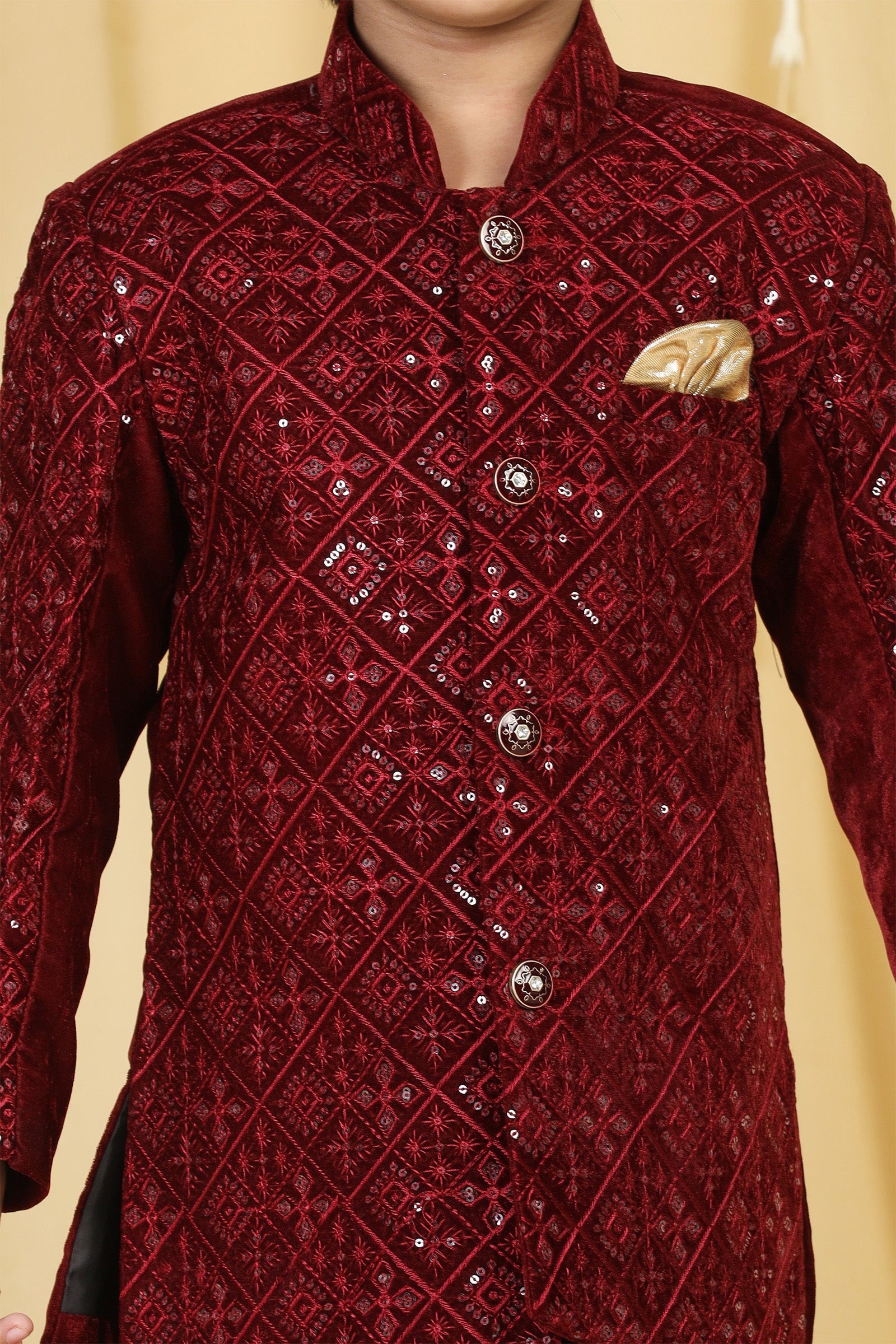 Boys Maroon Embroidered Velvet Sherwani for Kids - AJ Dezines