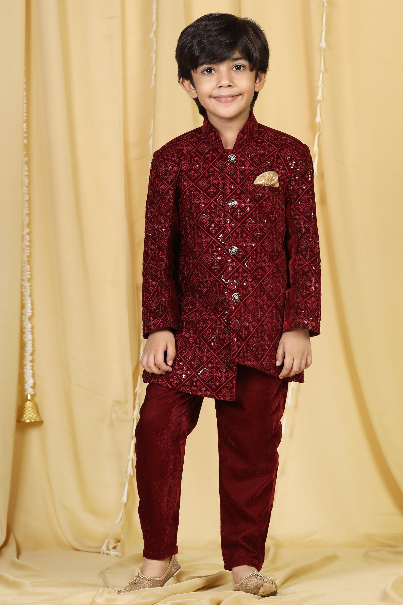 Boys Maroon Embroidered Velvet Sherwani for Kids - AJ Dezines