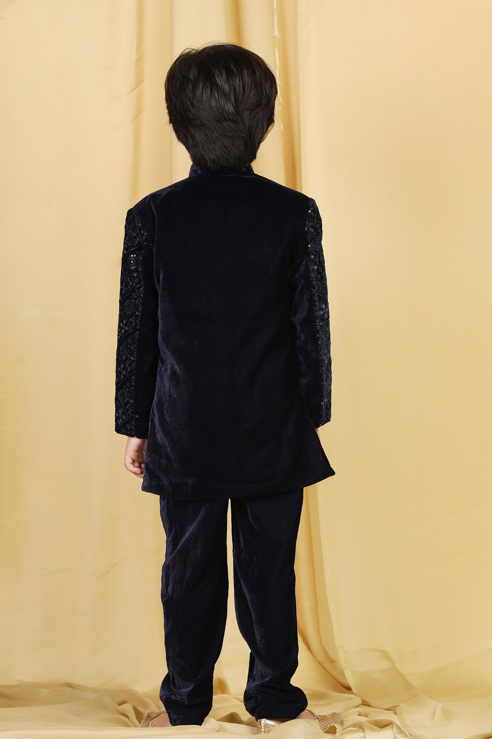 Boys Navy Blue Embroidered Velvet Sherwani for Kids - AJ Dezines