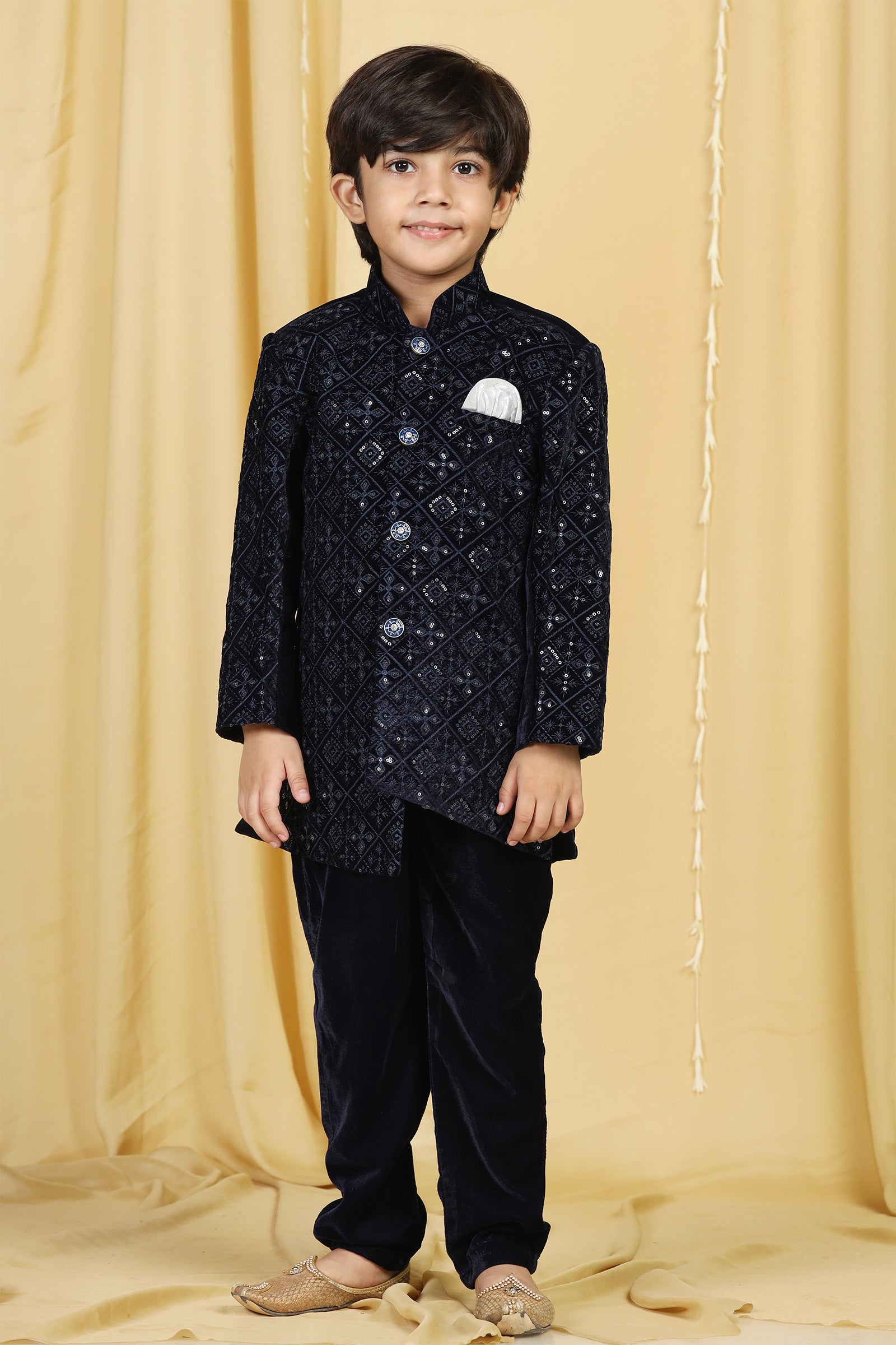 Boys Navy Blue Embroidered Velvet Sherwani for Kids - AJ Dezines