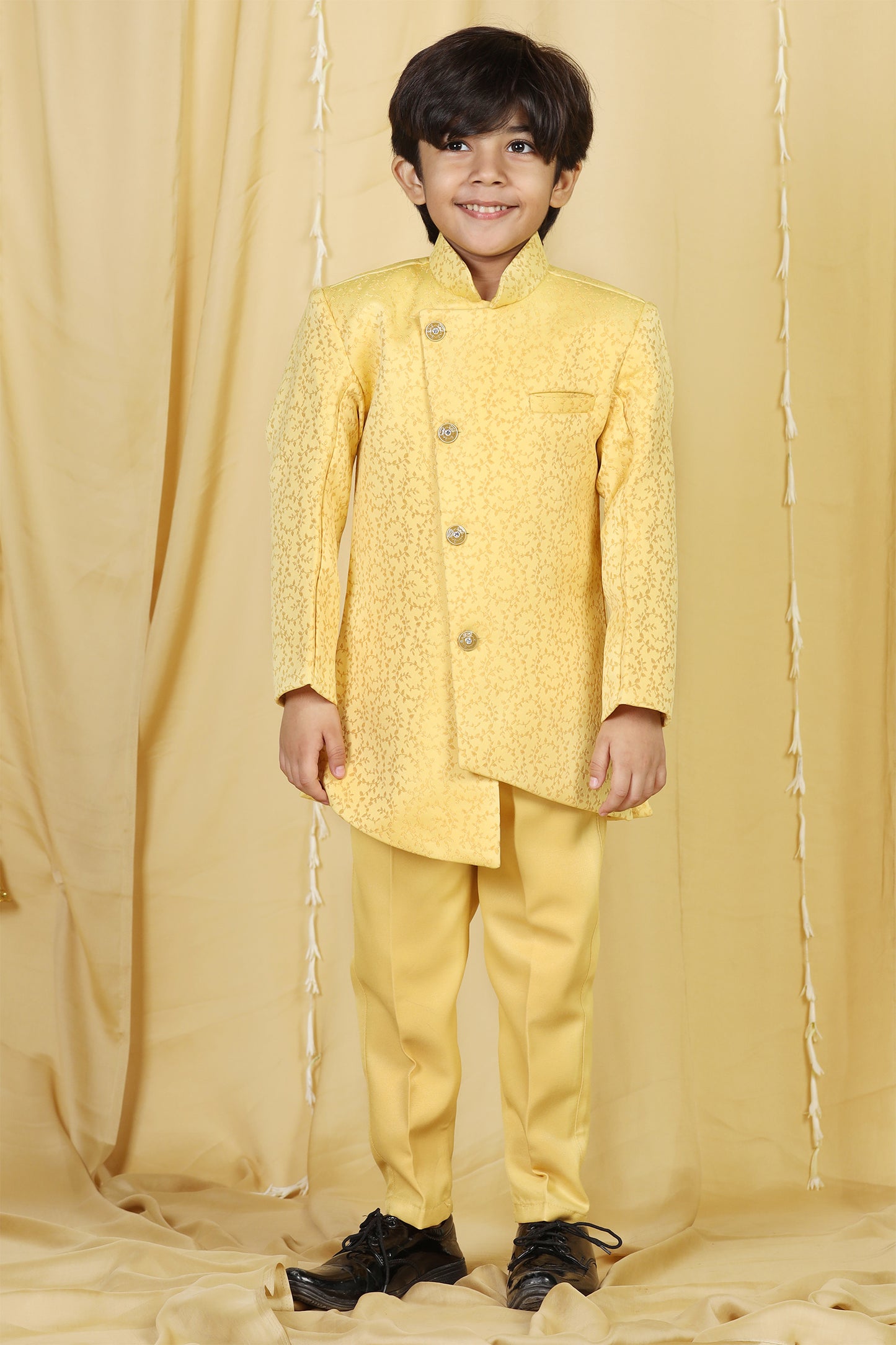 Boys Yellow Jacquard Floral Jaal Sherwani