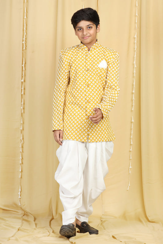 Boys Yellow Embroidered Chikankari Sherwani