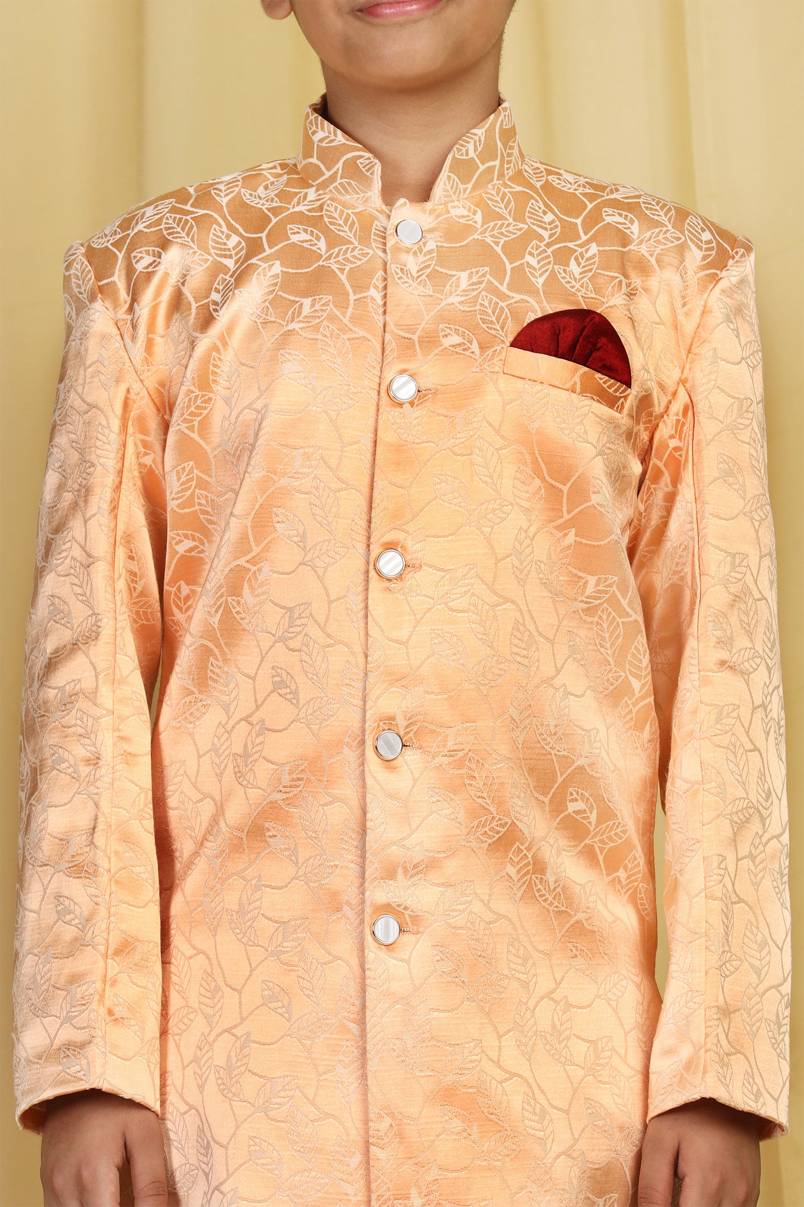 Boys Peach Jacquard Blend Sherwani for Kids - AJ Dezines