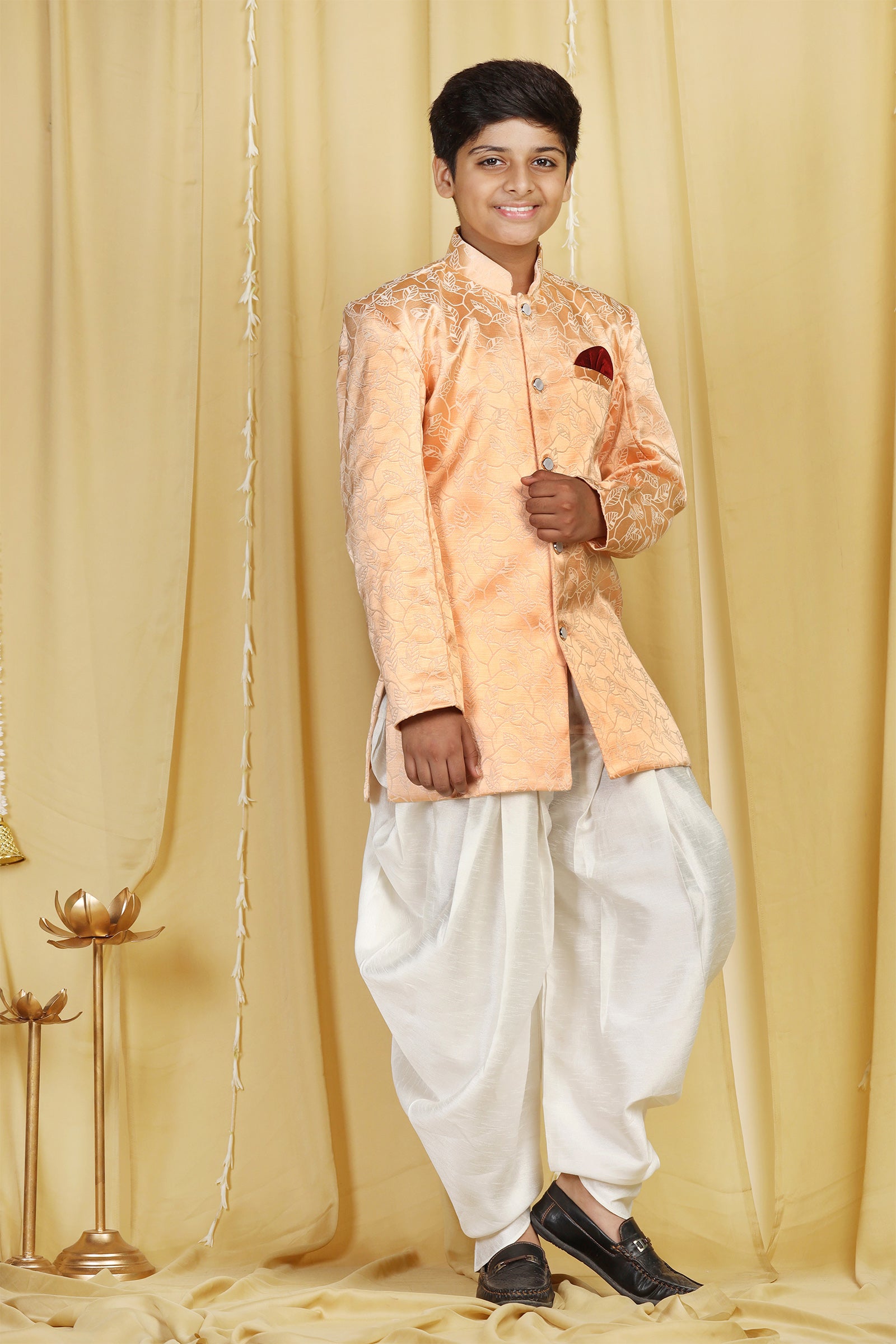 Boys Peach Jacquard Blend Sherwani for Kids - AJ Dezines