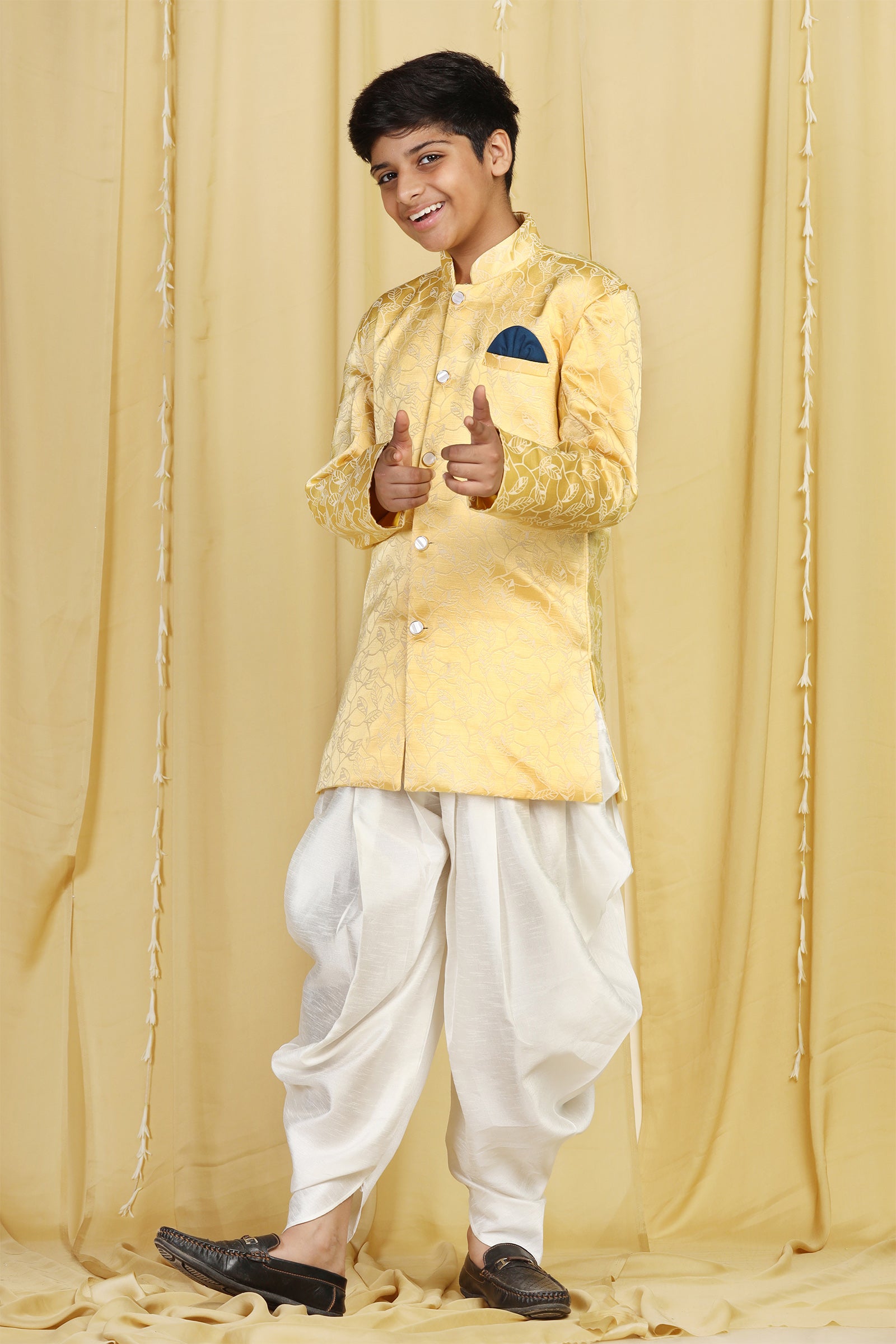 Boys Yellow Jacquard Blend Sherwani for Kids - AJ Dezines