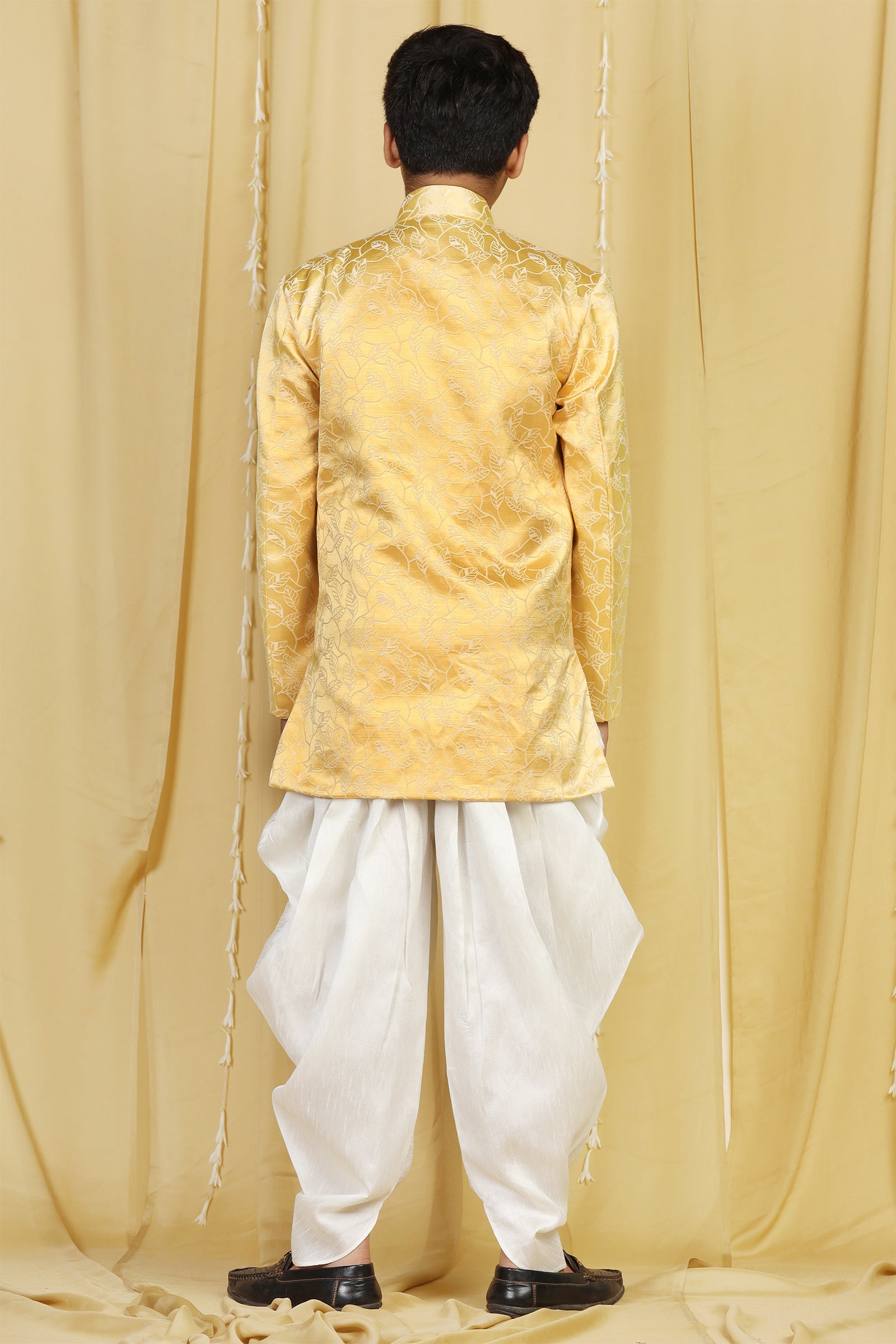 Boys Yellow Jacquard Blend Sherwani for Kids - AJ Dezines