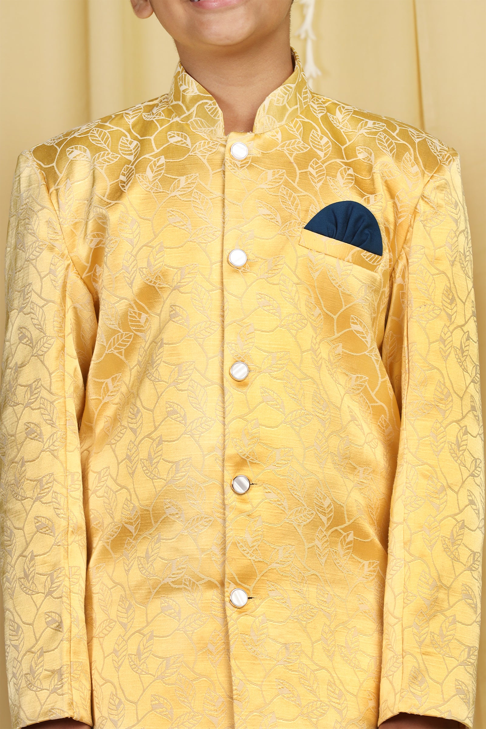 Boys Yellow Jacquard Blend Sherwani for Kids - AJ Dezines