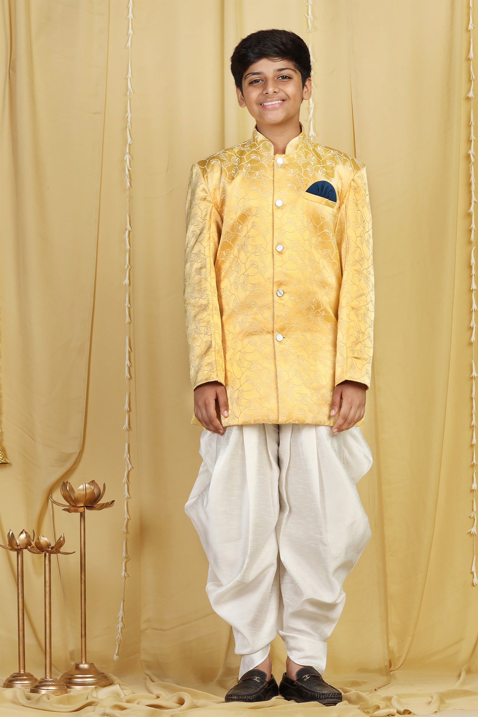 Boys Yellow Jacquard Blend Sherwani for Kids - AJ Dezines