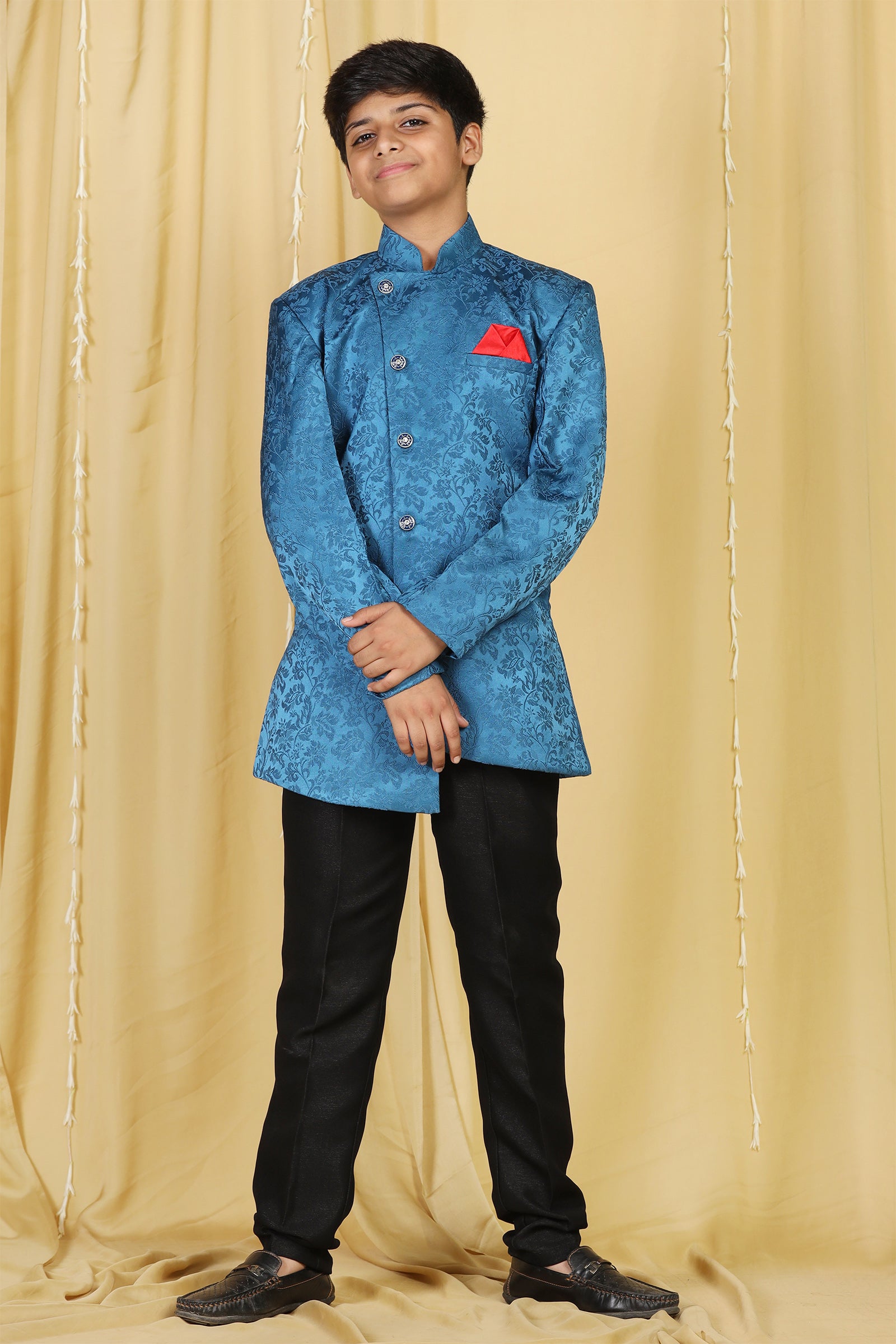 Boys Blue Jacquard Blend Sherwani for Kids - AJ Dezines