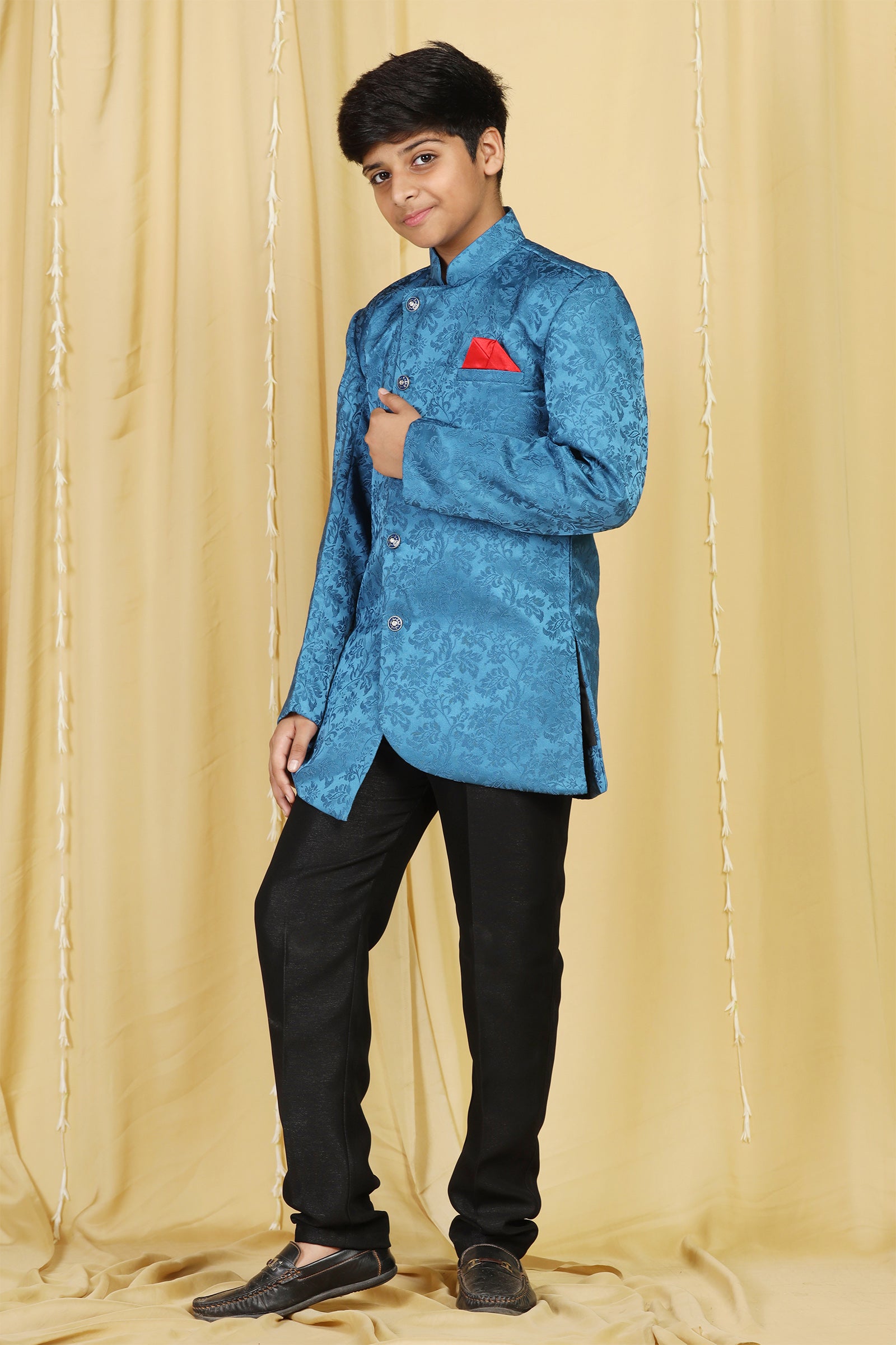 Boys Blue Jacquard Blend Sherwani for Kids - AJ Dezines