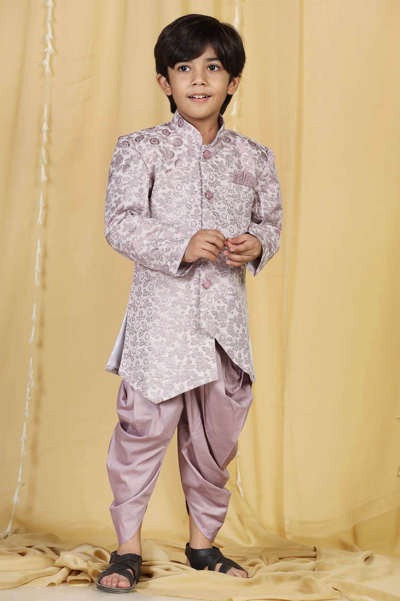 Boys Purple Jacquard Blend Sherwani for Kids