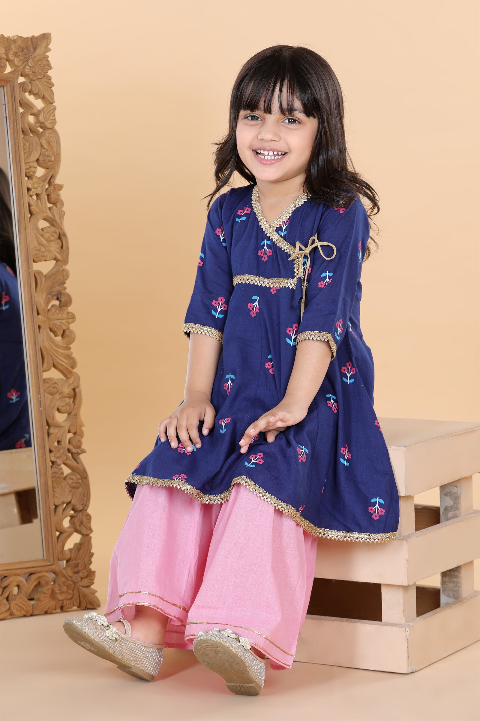 Girls Blue Floral Print Pure Cotton Kurti with Sharara for Kids