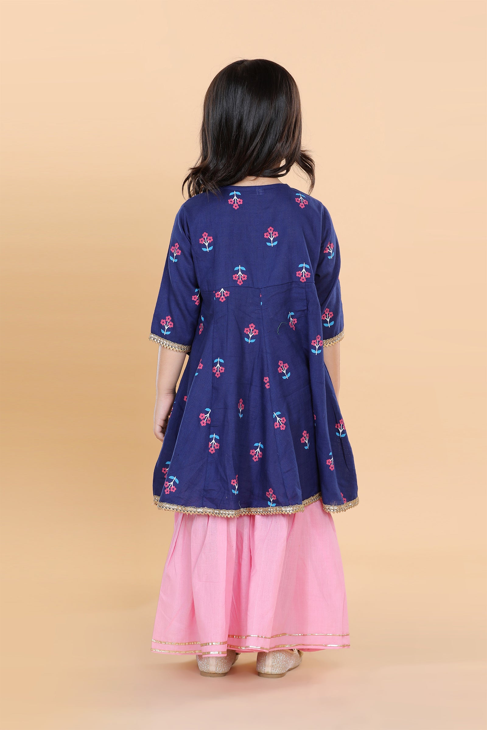 Girls Blue Floral Print Pure Cotton Kurti with Sharara for Kids