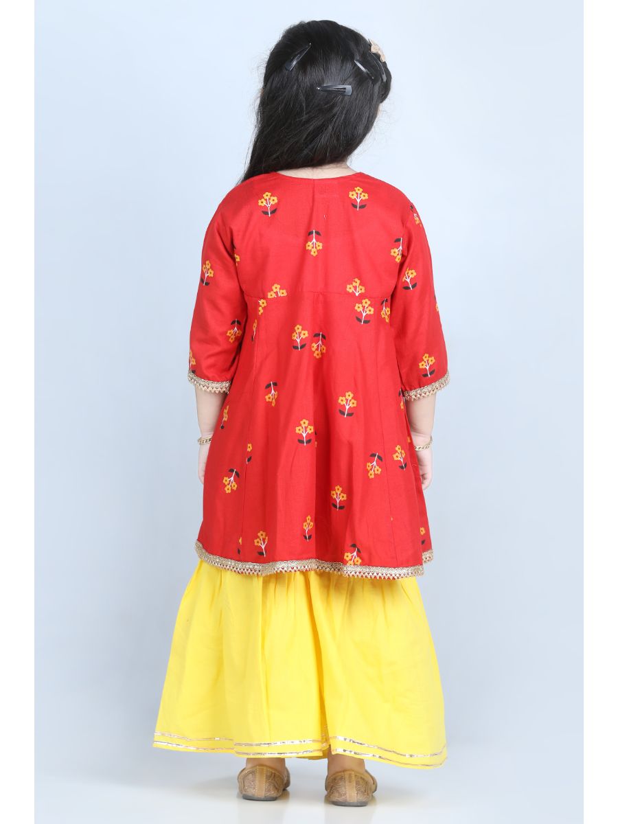 Girls Cotton Printed Red Floral Sharara Set