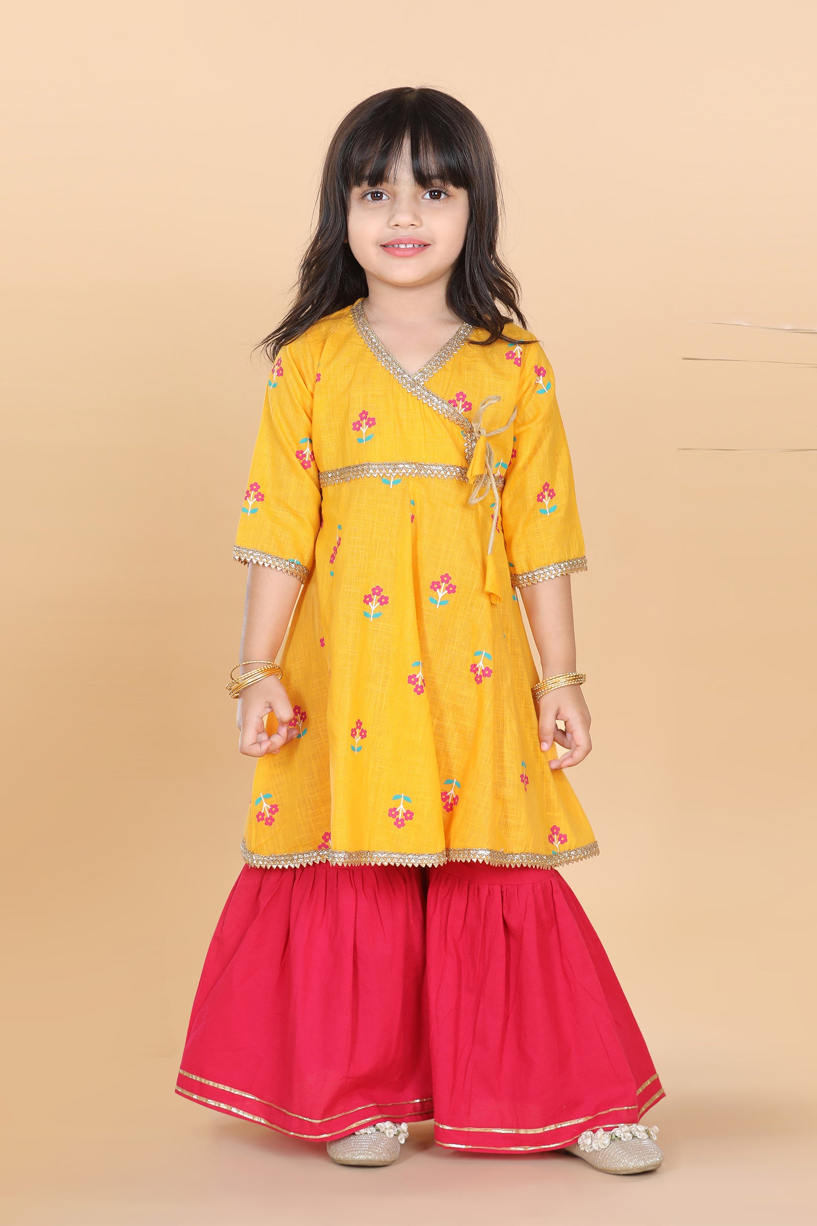 Girls Yellow Floral Print Pure Cotton Kurti with Sharara for Kids