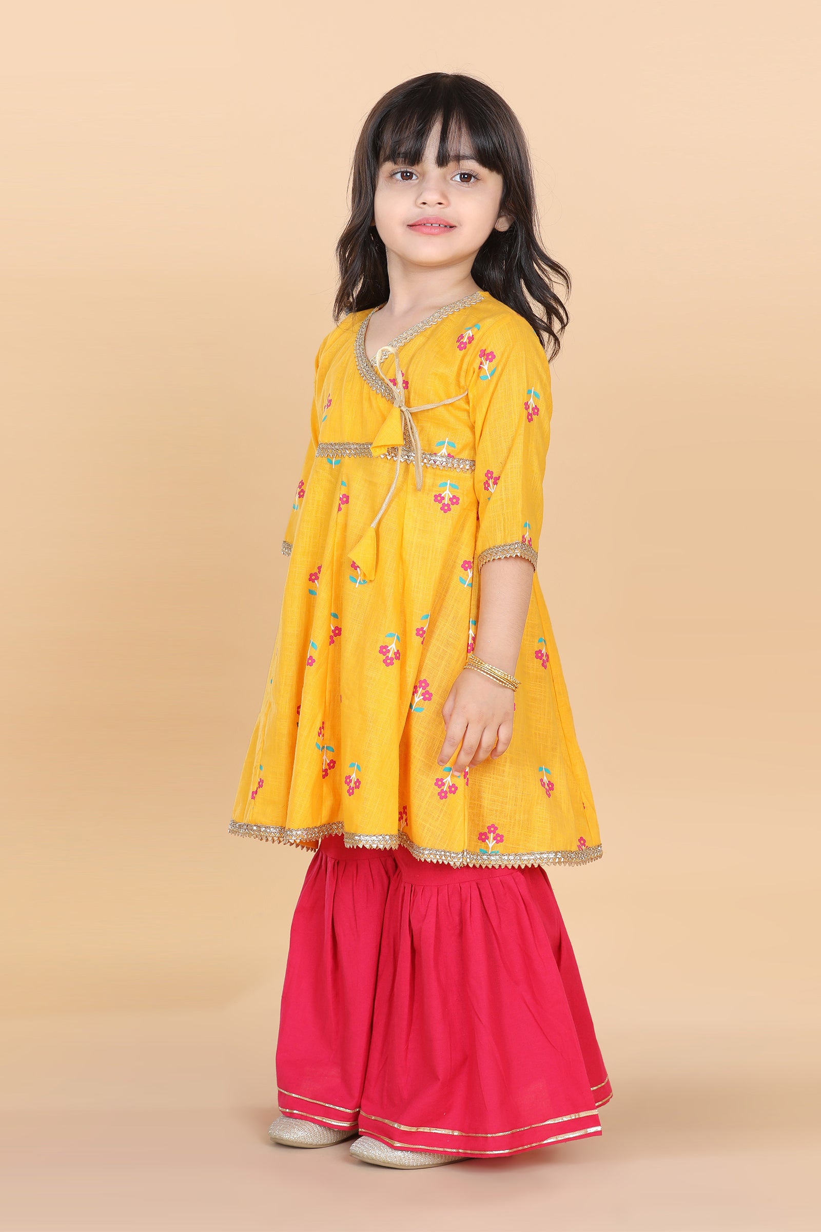 Girls Yellow Floral Print Pure Cotton Kurti with Sharara for Kids