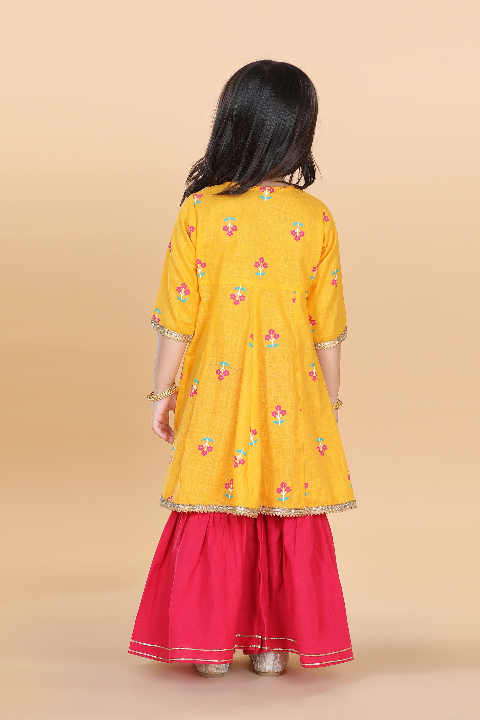 Girls Yellow Floral Print Pure Cotton Kurti with Sharara for Kids