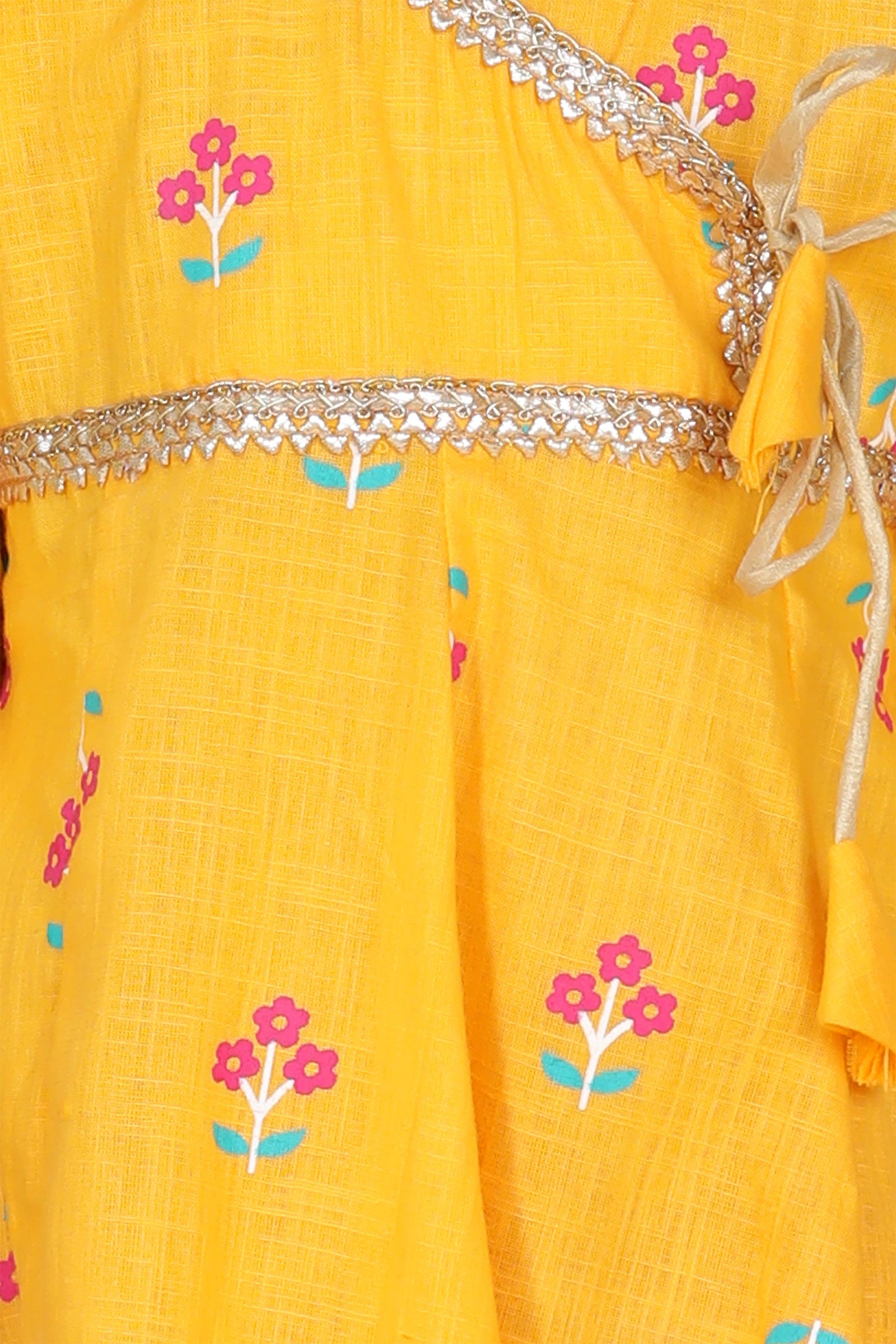 Girls Yellow Floral Print Pure Cotton Kurti with Sharara for Kids
