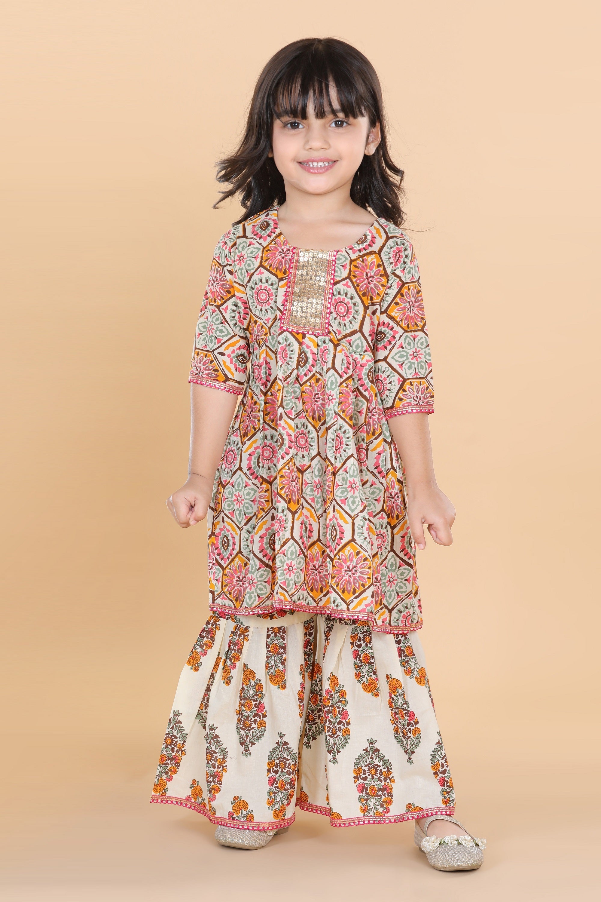 Girls White Printed Pure Cotton Sharara for Kids