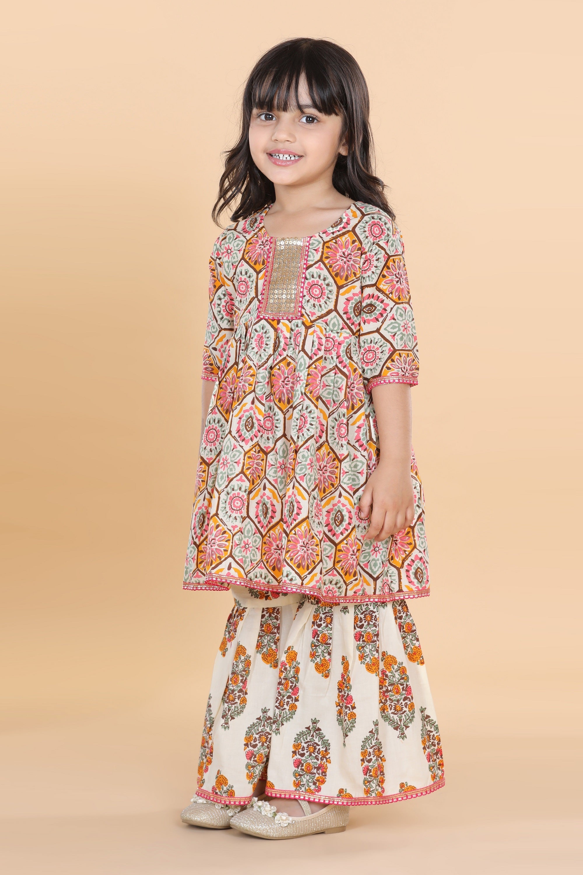 Girls White Printed Pure Cotton Sharara for Kids - AJ Dezines