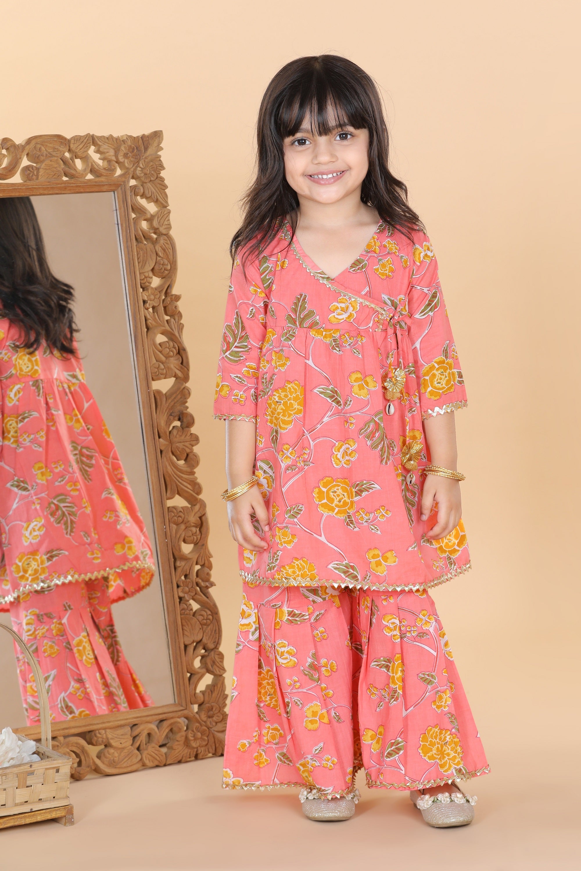 Girls Peach Floral Print Pure Cotton Sharara for Kids