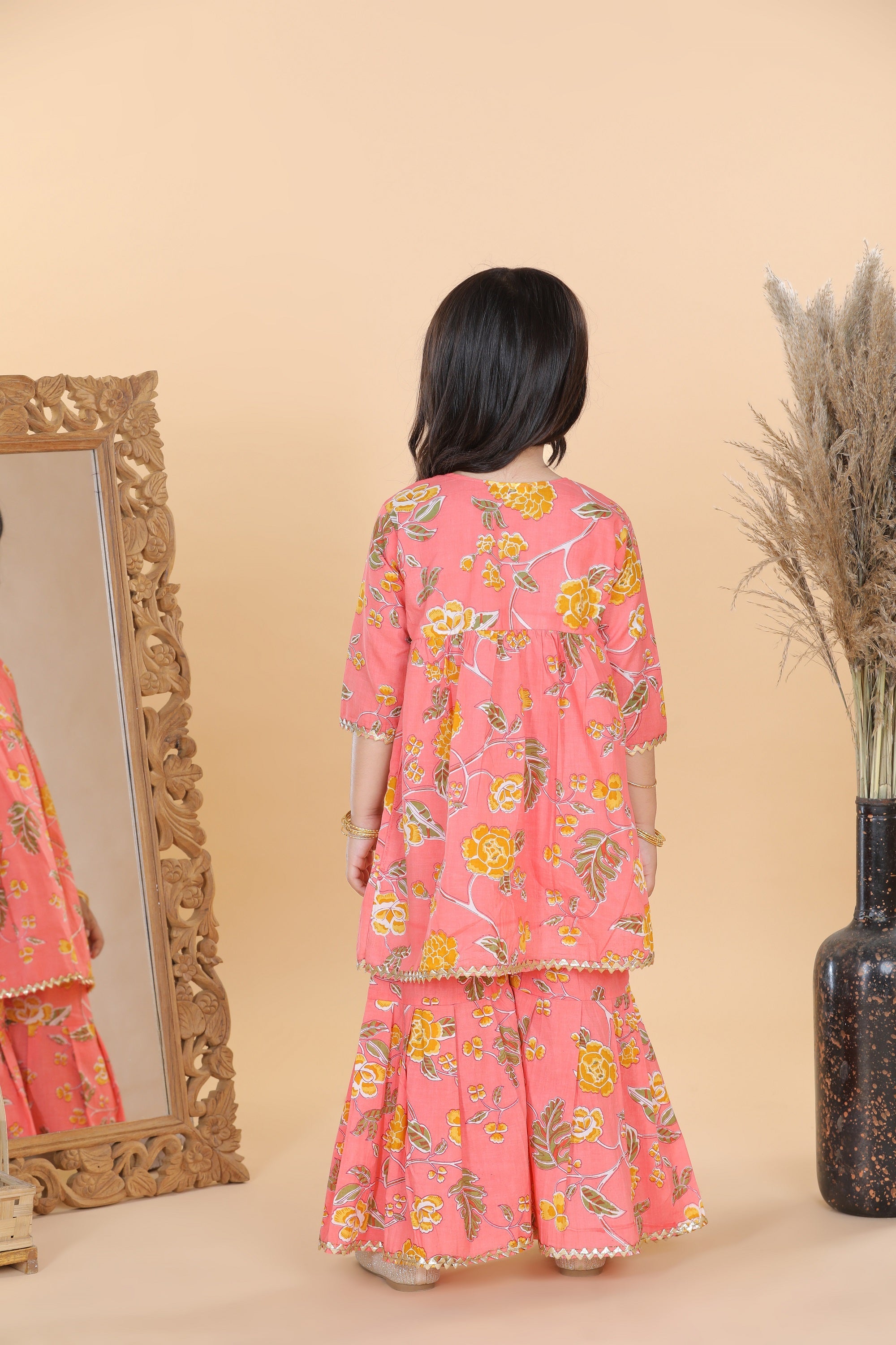 Girls Peach Floral Print Pure Cotton Sharara for Kids