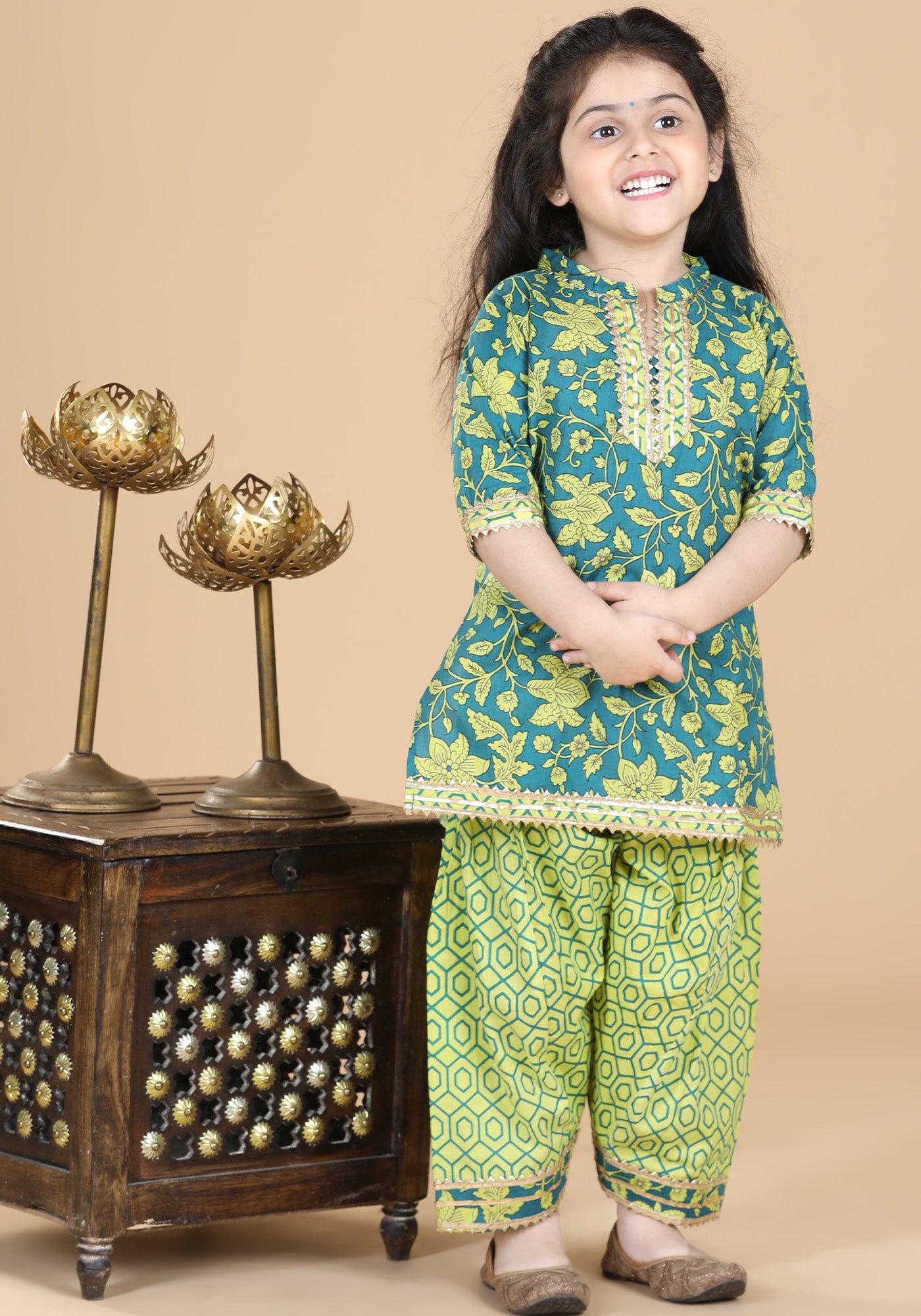 Girls Green Floral Print Pure Cotton Patiala Suit for Kids