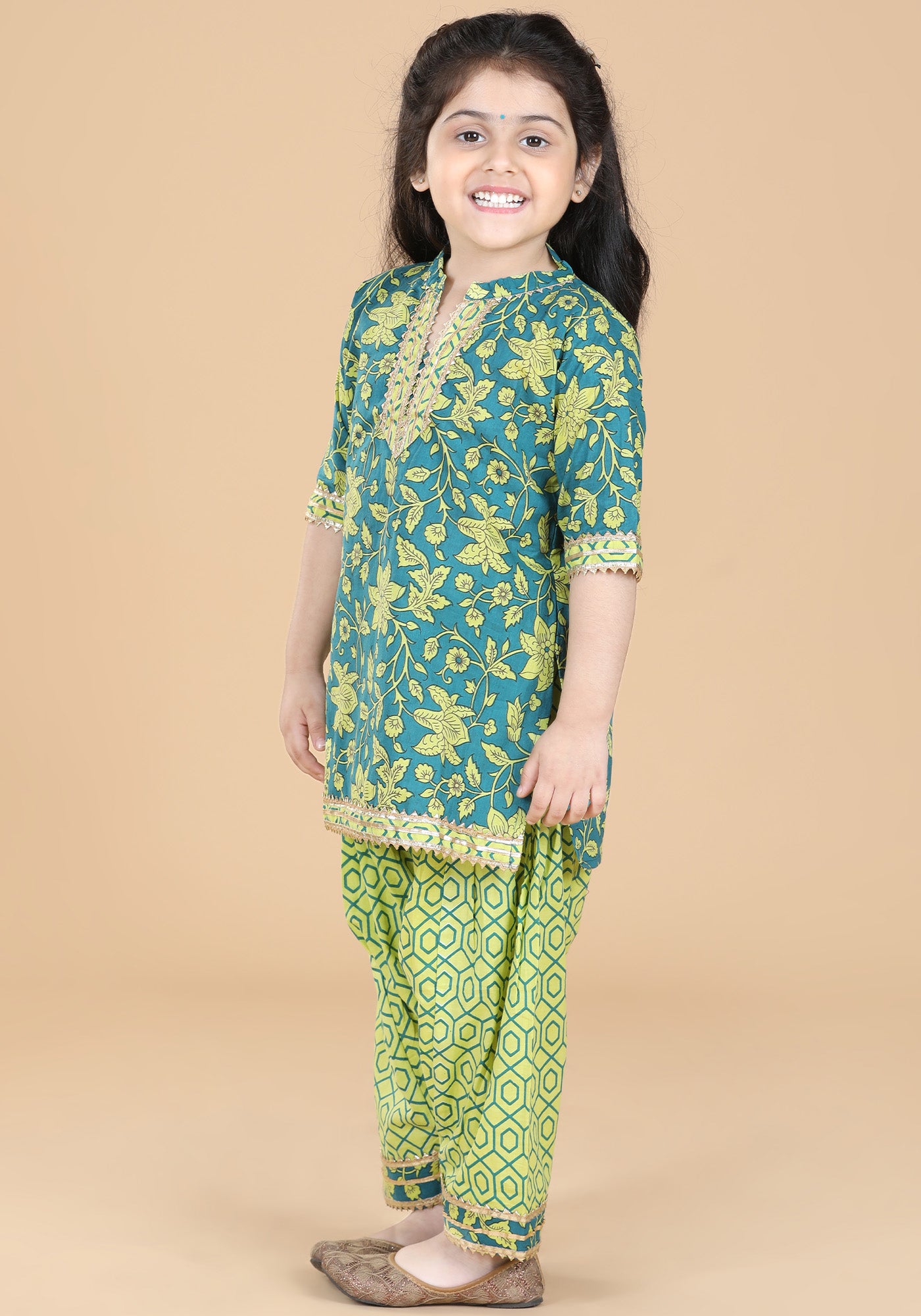 Girls Green Floral Print Pure Cotton Patiala Suit for Kids