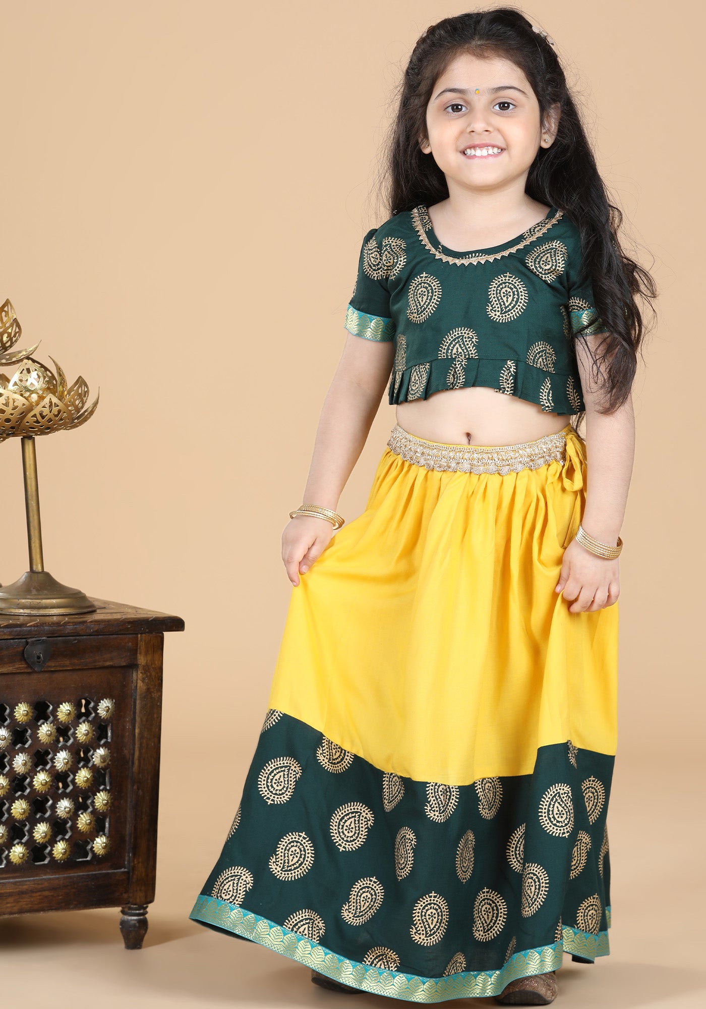 Girls Green Block Print Cotton Blend Lehenga Cholia for Kids