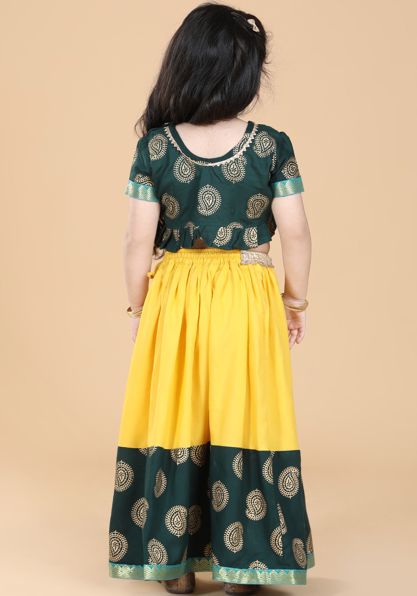 Girls Green Block Print Cotton Blend Lehenga Cholia for Kids