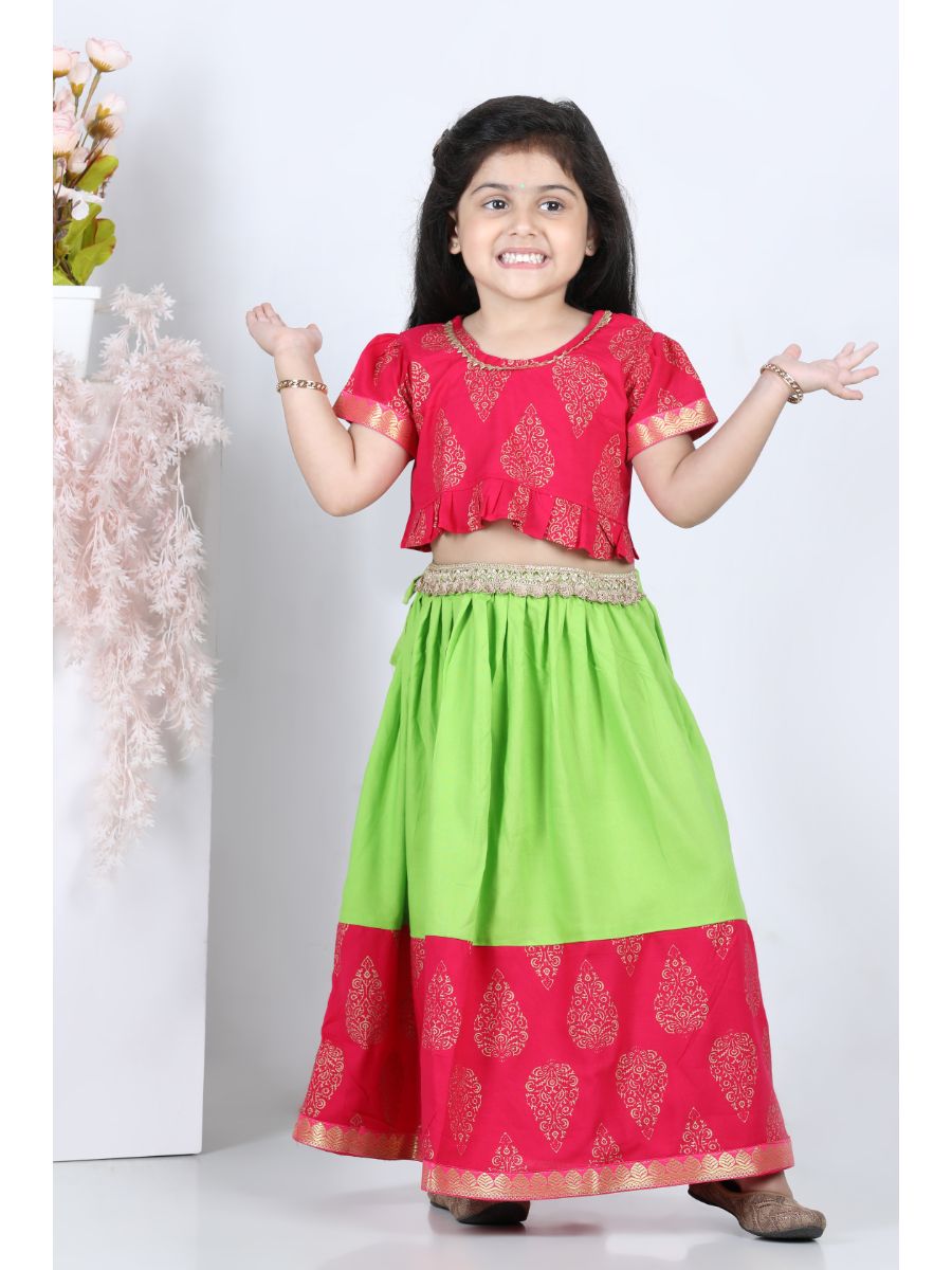 Girls Pink Block Print Cotton Blend Lehenga Choli for Girls