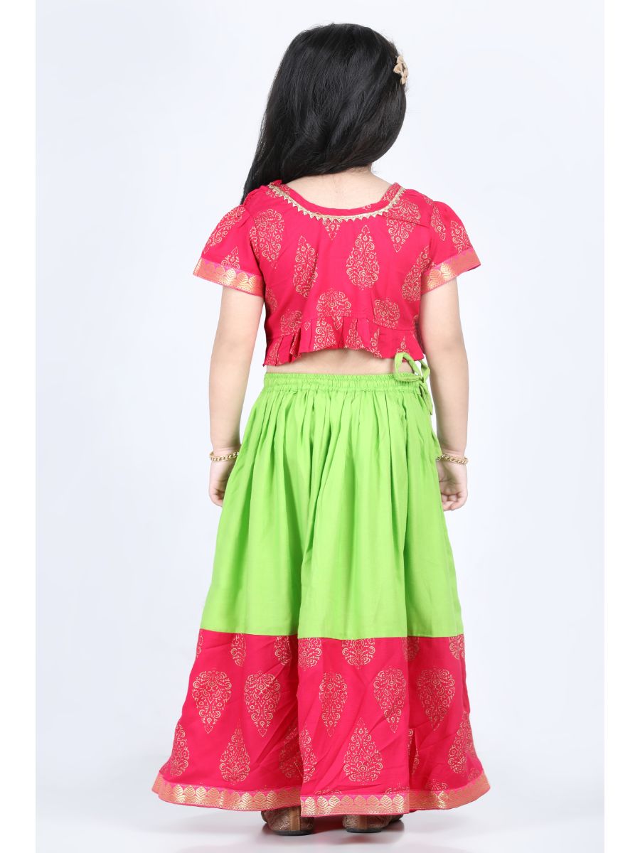 Girls Pink Block Print Cotton Blend Lehenga Choli for Girls