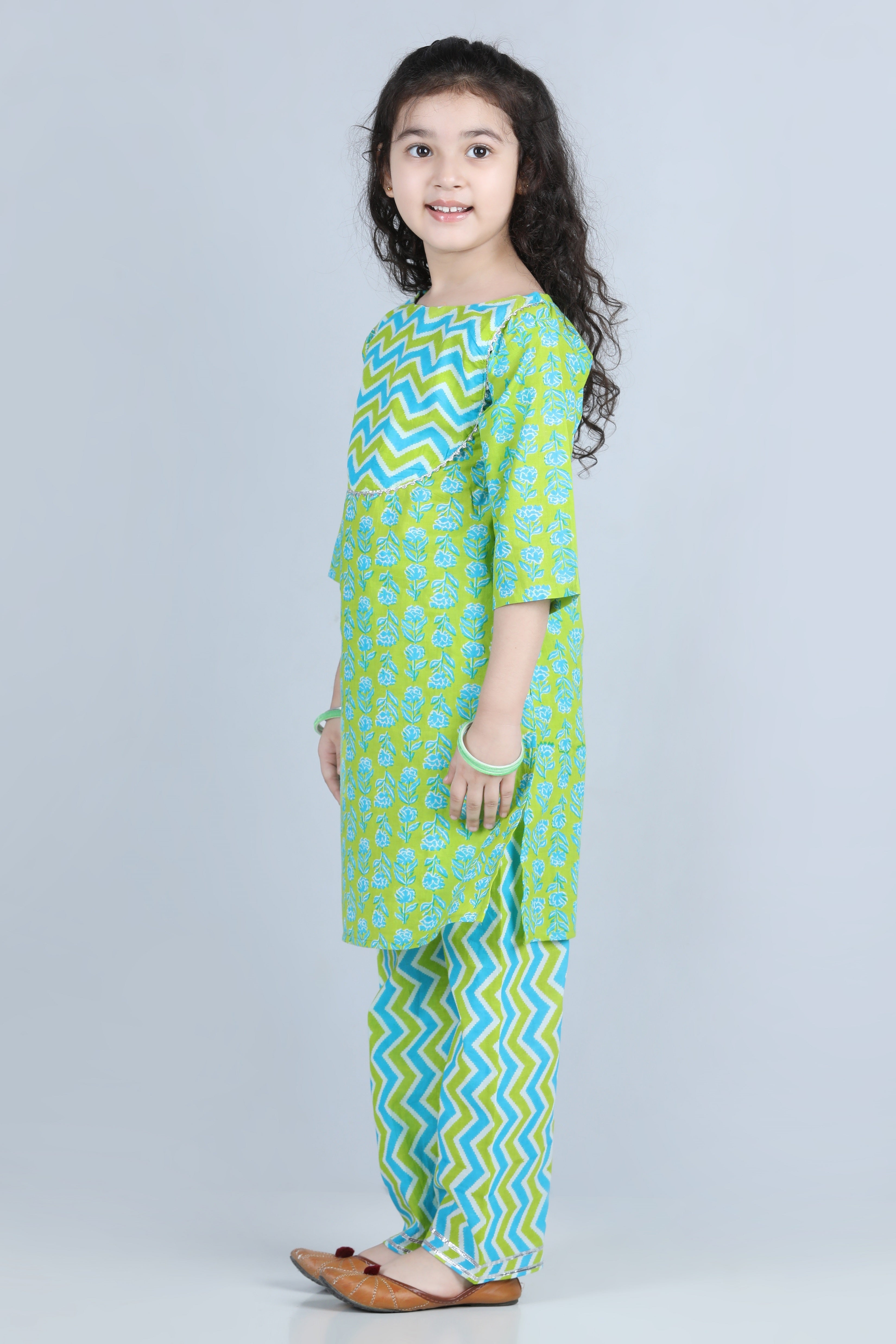 Girls Green Floral Print Cotton Suit Set for Kids