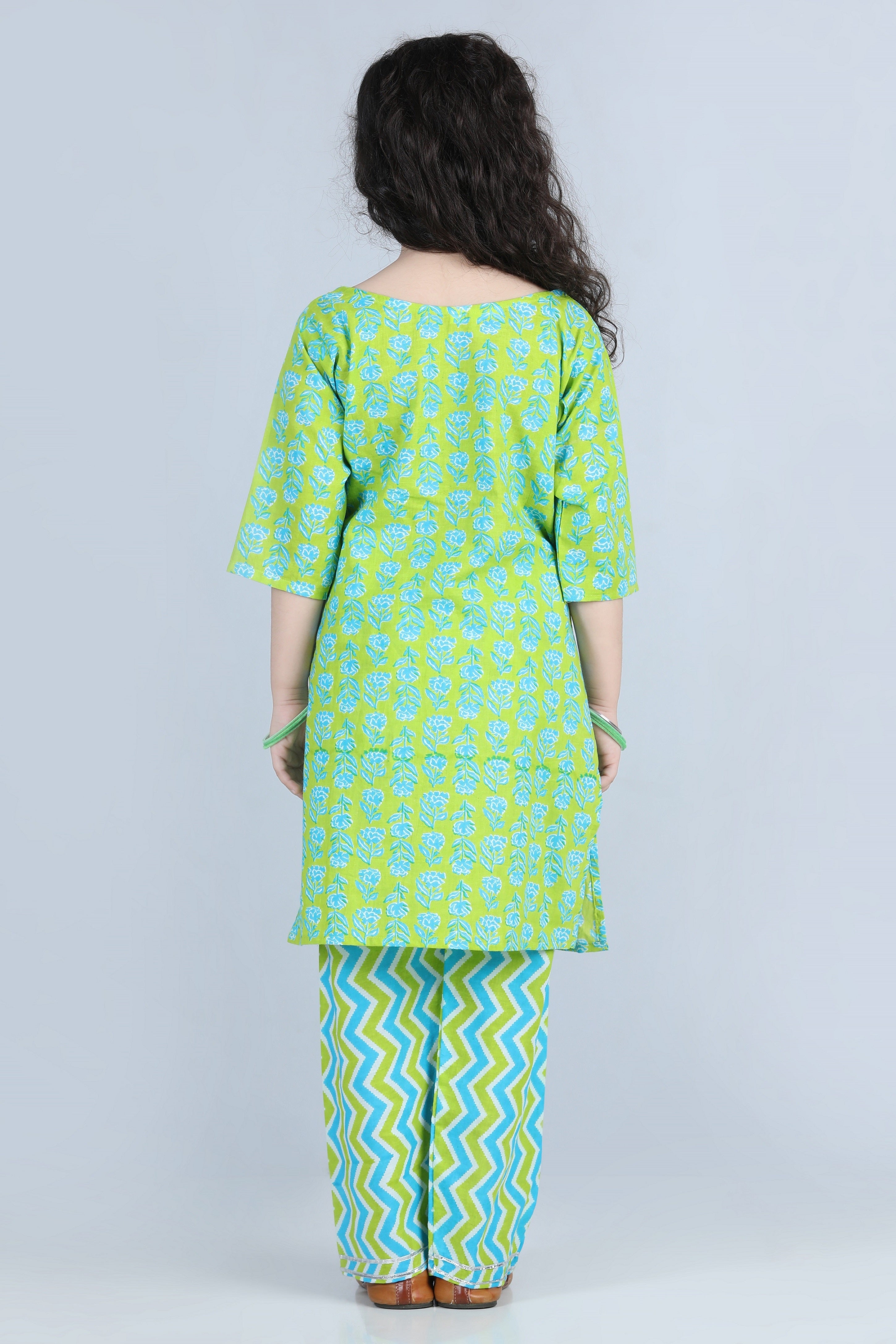Girls Green Floral Print Cotton Suit Set for Kids - AJ Dezines