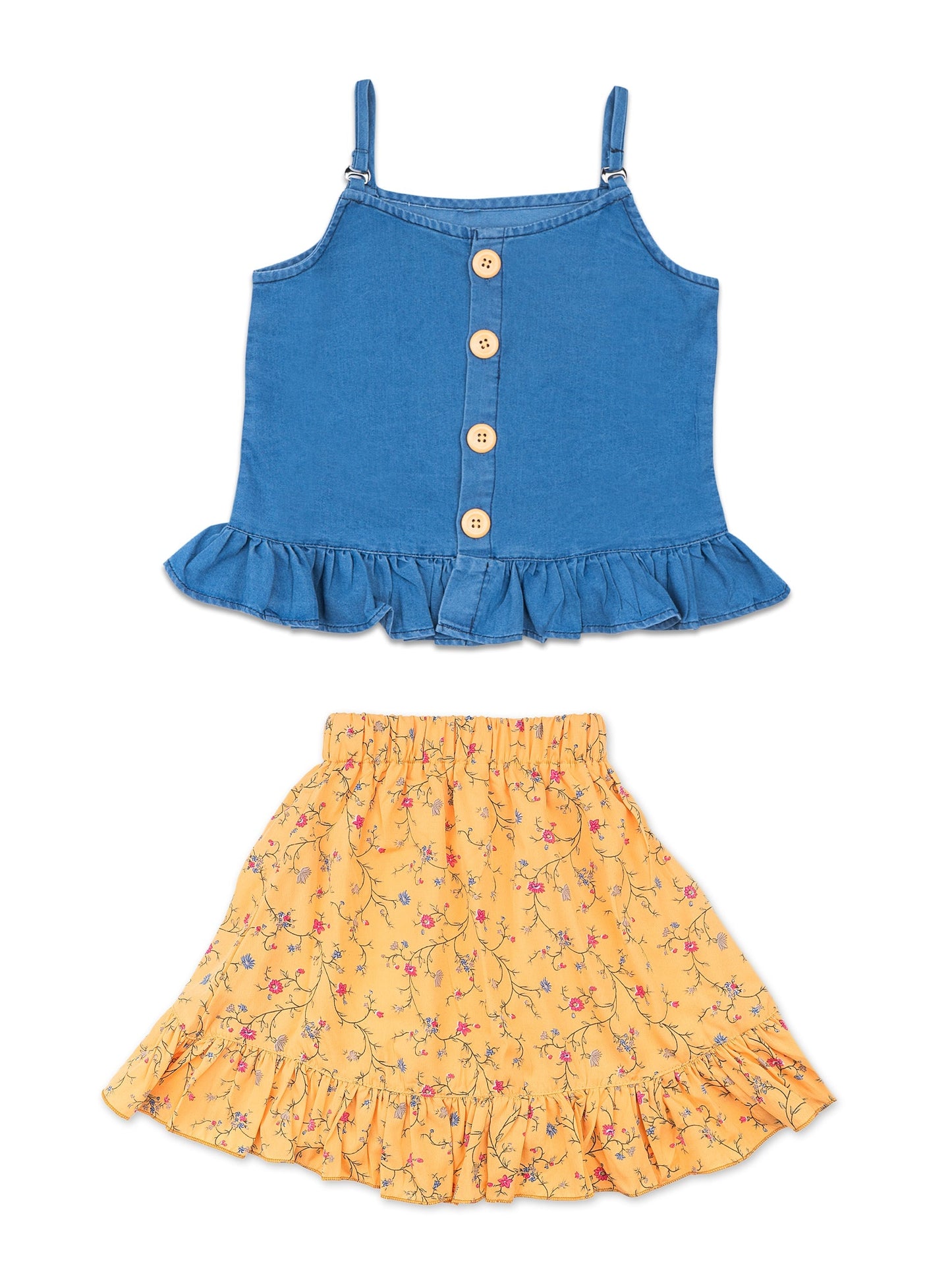 Girls Yellow Denim Sleeveless Top & Skirt Set