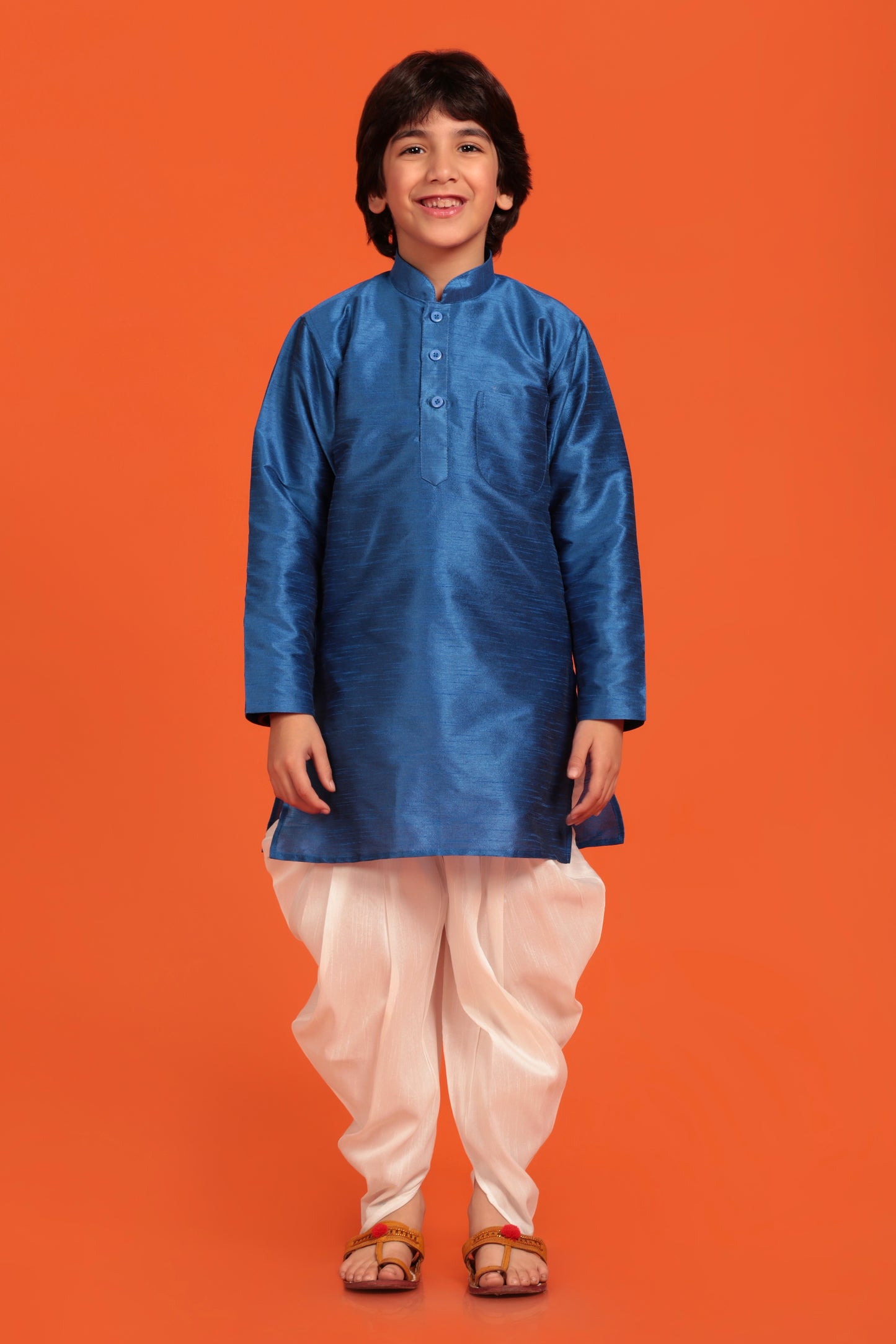 Kids Boys Blue Solid Silk Blend Kurta Pyjama Set