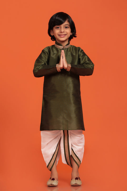 Boys Forest Green Lace Silk Dhoti Set