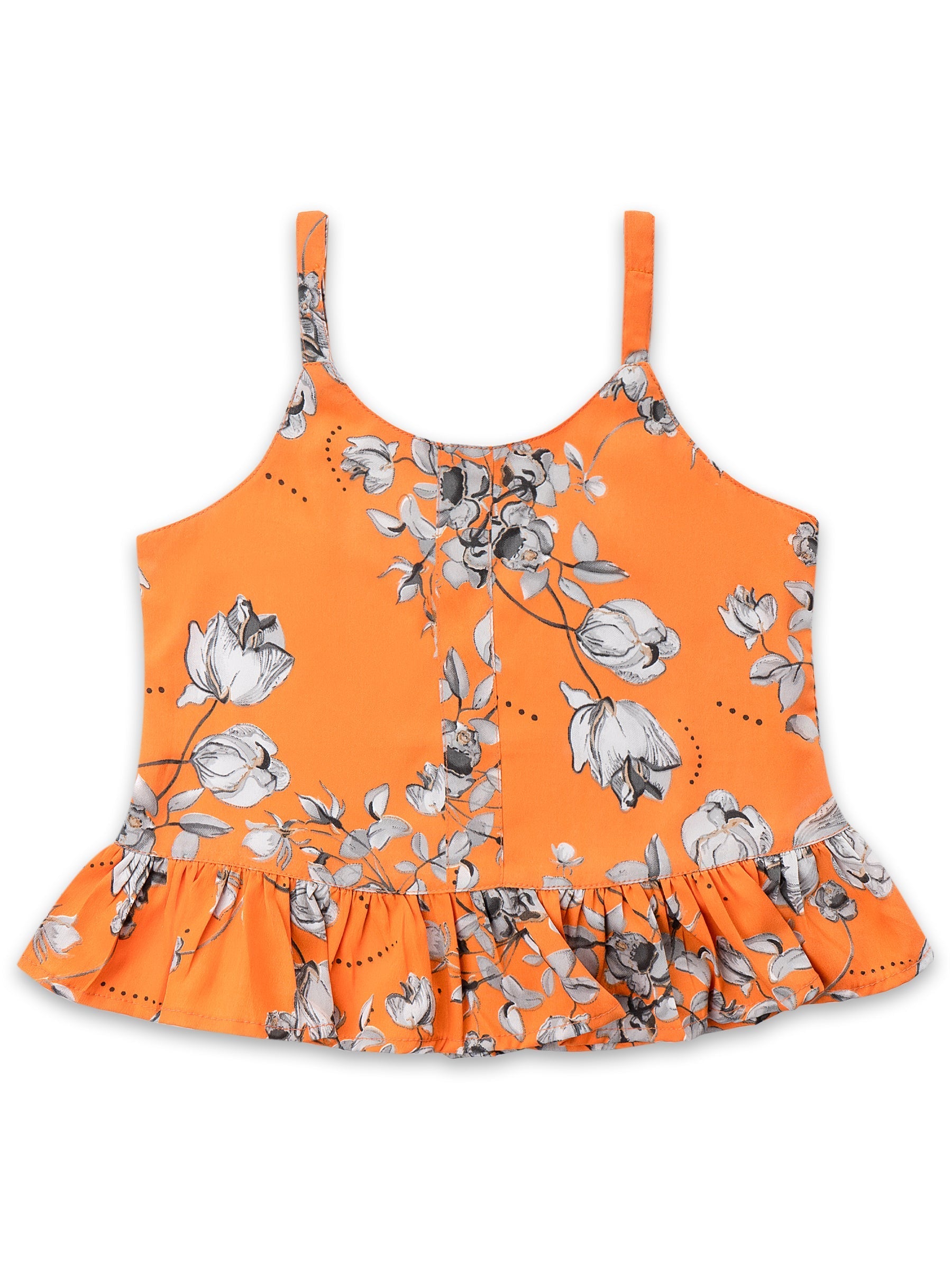 Girls Orange Floral Print Georgette Top & Bottom Set for Kids - AJ Dezines